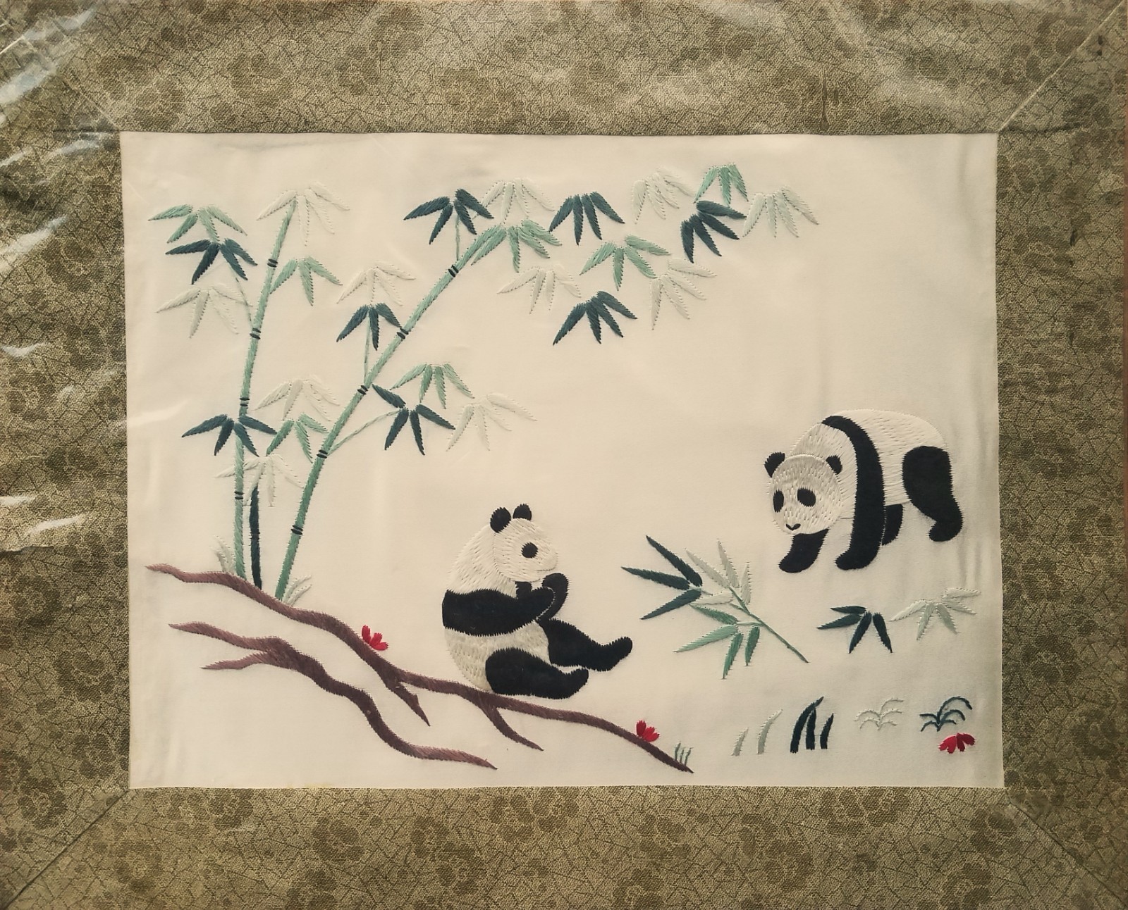 Chinese Embroidered Pandas and Bamboo Picture on Silk, Circa 2001