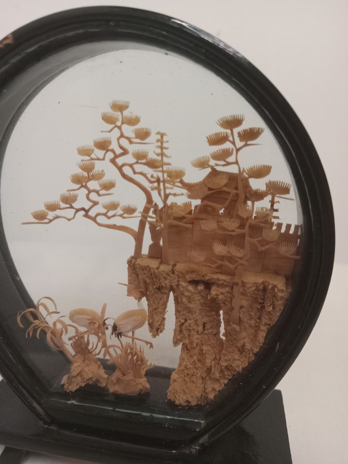Vintage Hand Carved Cork Asian Diorama Black Lacquer Display 3.25″ Cranes 1960s