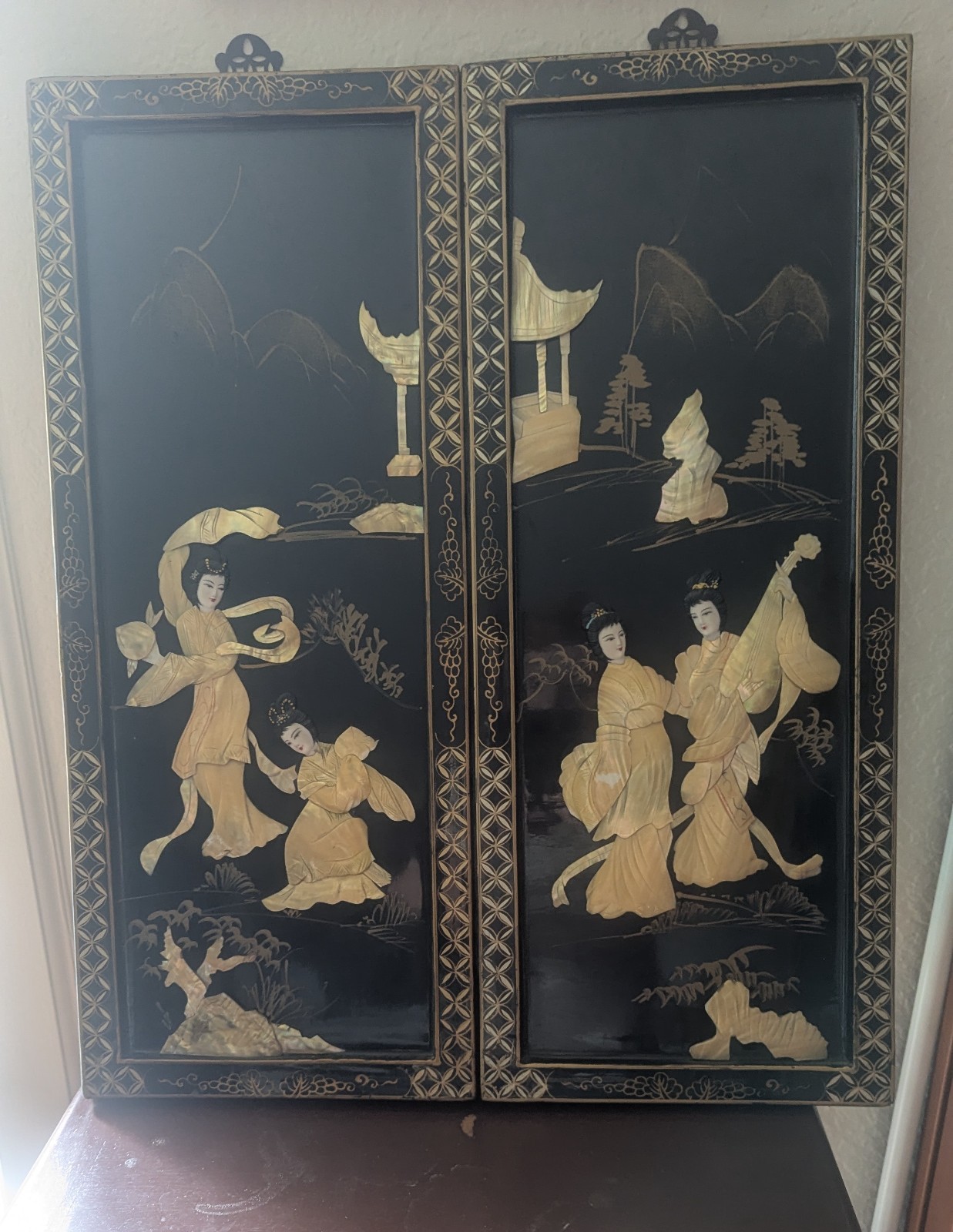 Vintage Asian Black Lacquer Mother of Pearl Geisha Wood Wall Panels- Set of 2