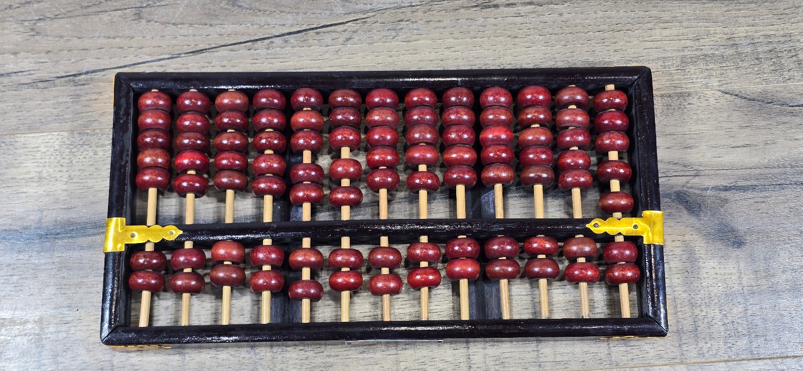 Vintage Chinese Abacus 13 Row 91 Bead Wood & Brass Lotus Flower Brand Calculator