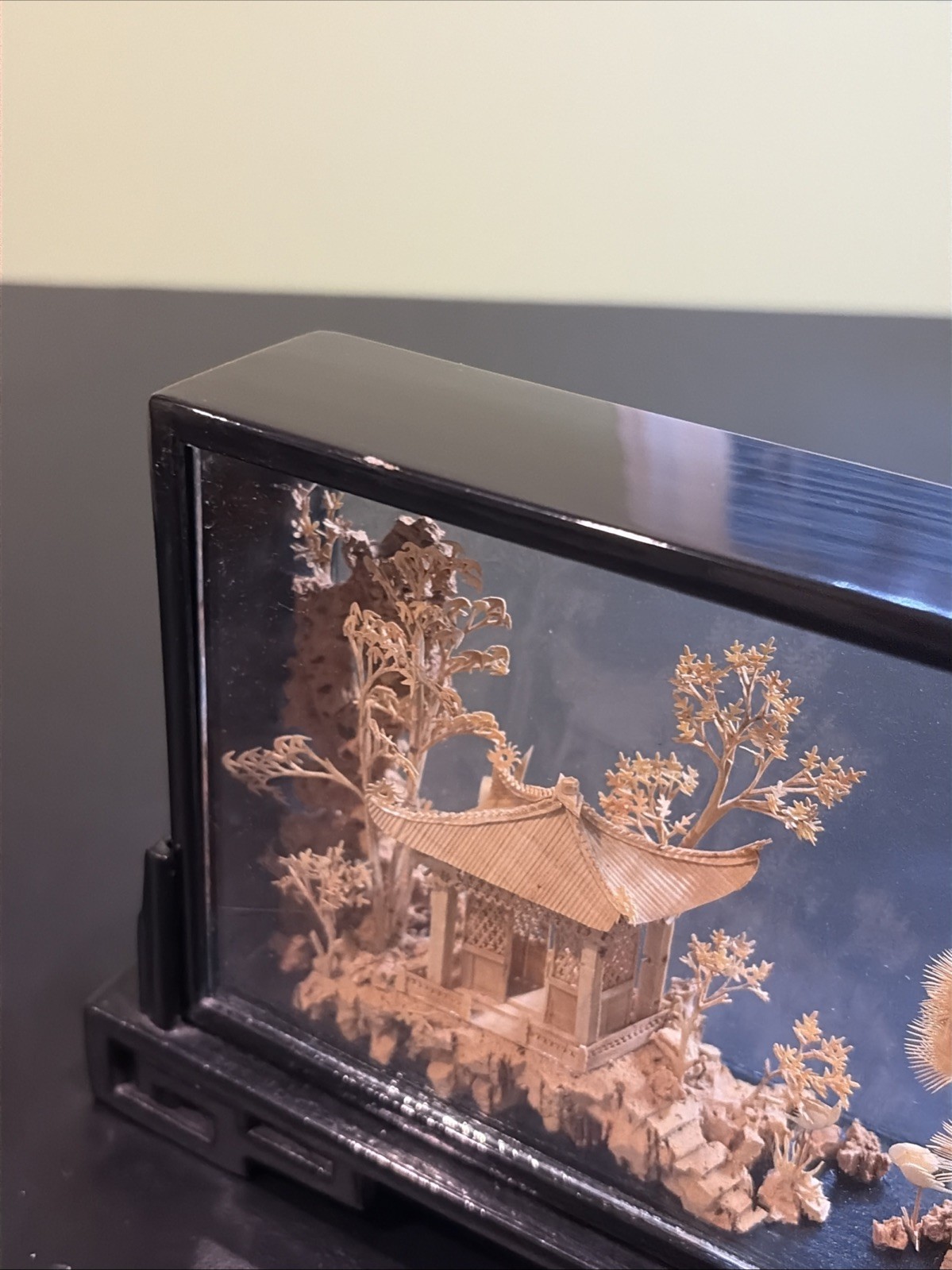 Vintage Chinese Hand Carved Cork Diorama with birds Framed Glass Wood
