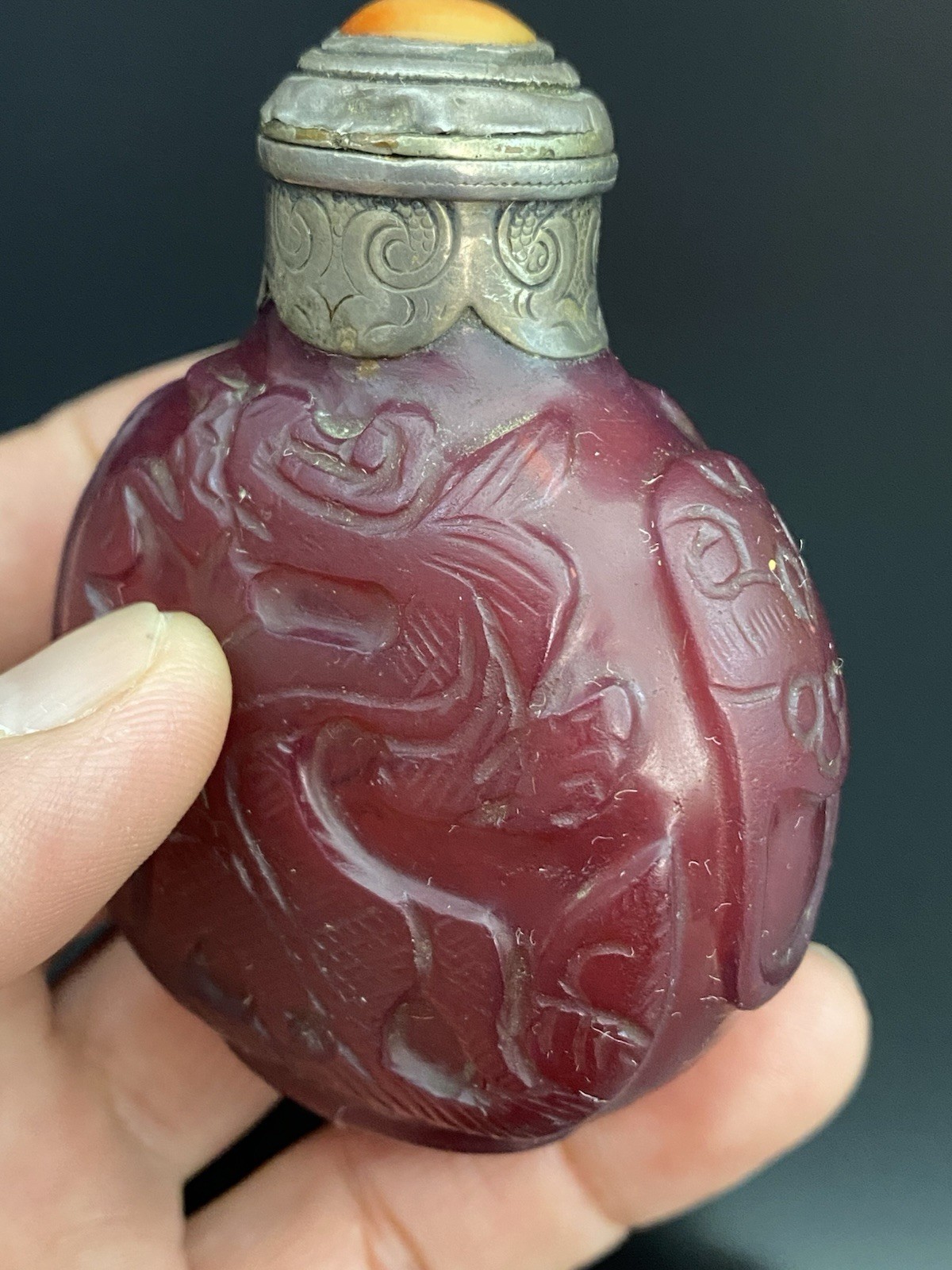 Antique Chinese Ruby Red Peking Glass Steling Silver Top Carved Snuff Bottle