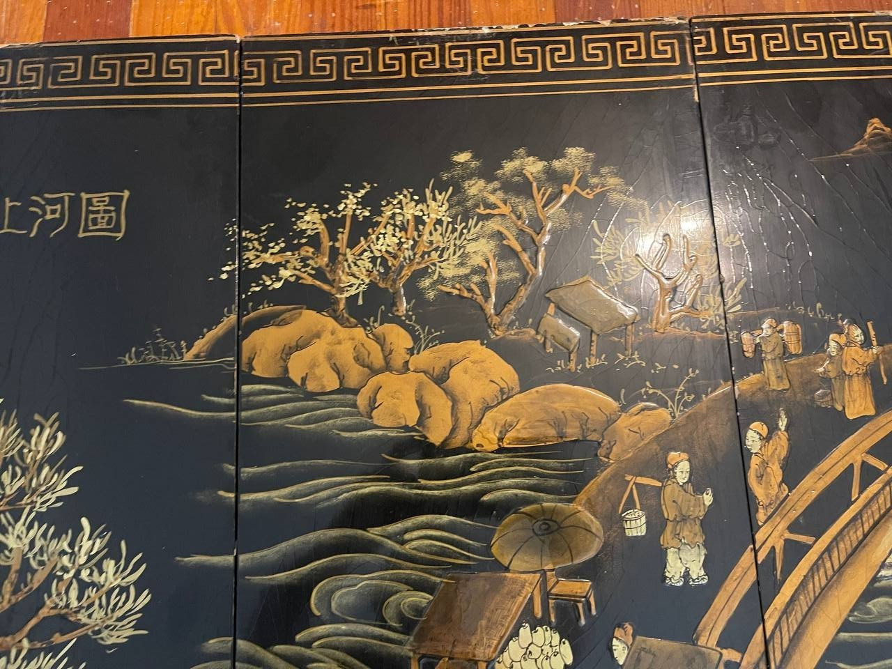Vintage Chinese Hand Painted Lacquer Wall Panels Set of 4 Landscape Art – 4