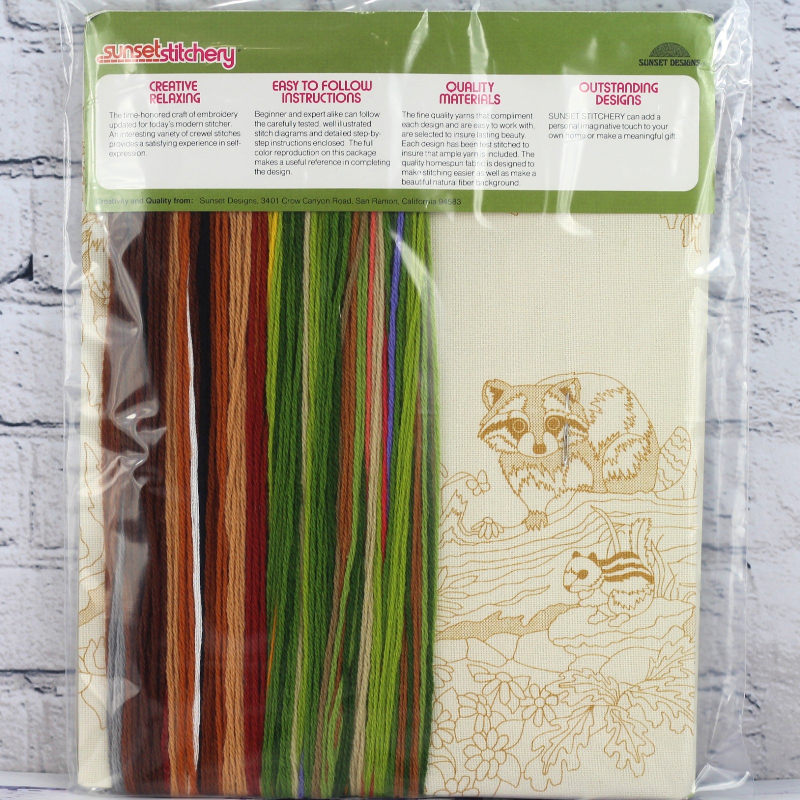 Vintage Crewel Embroidery Kit Woodland Scene Forest Animals Deer Raccoon Owl