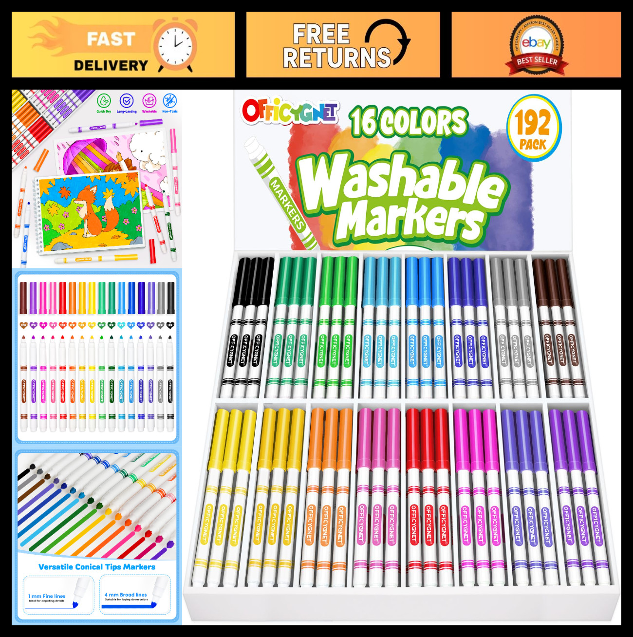 192 Washable Markers Set – 16 Assorted Colors, Conical Tip, Fine & Broad Lines,