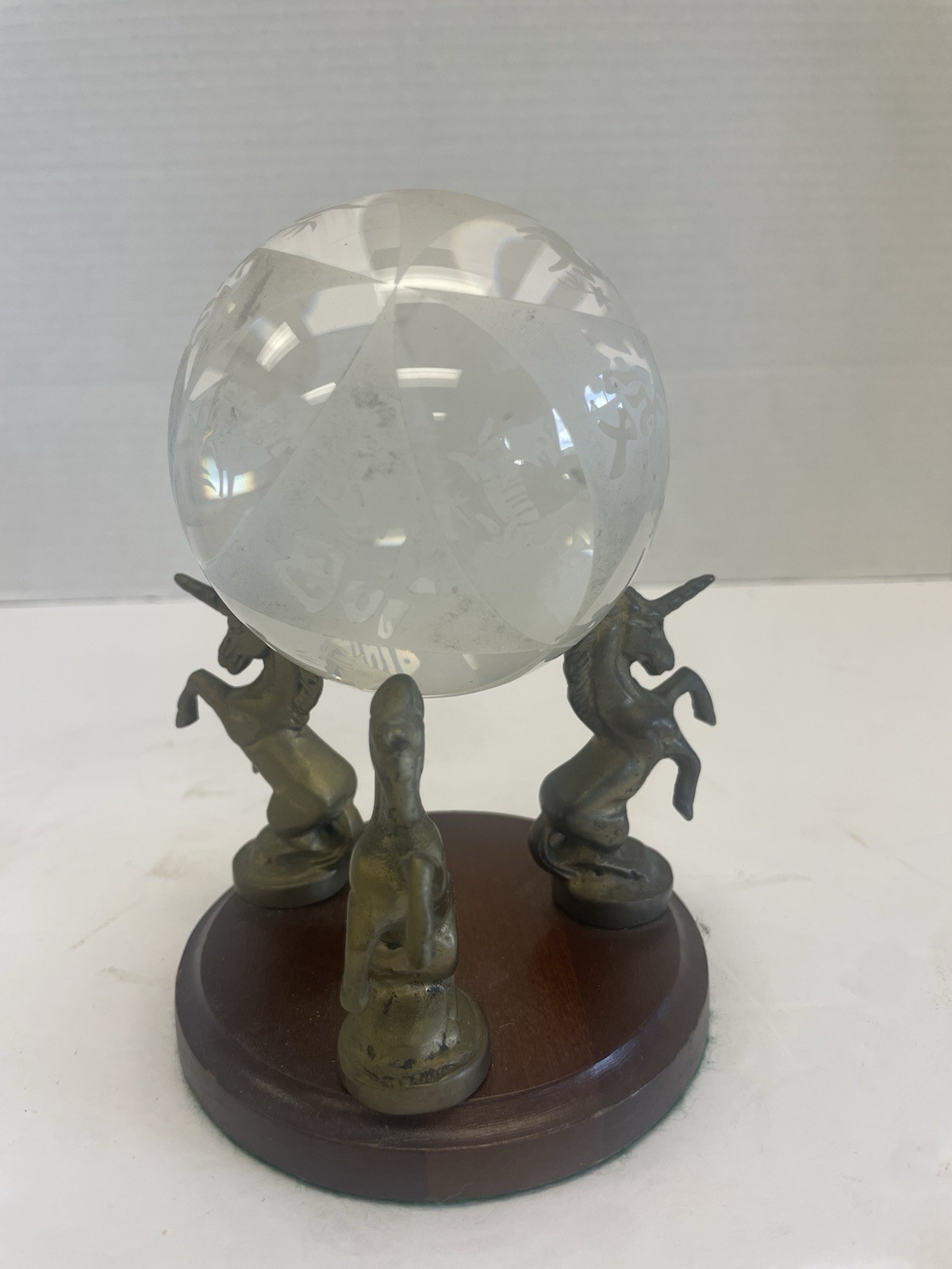 Chinese Zodiac New Year Etched Crystal Ball W Vintage Brass Unicorn Stand