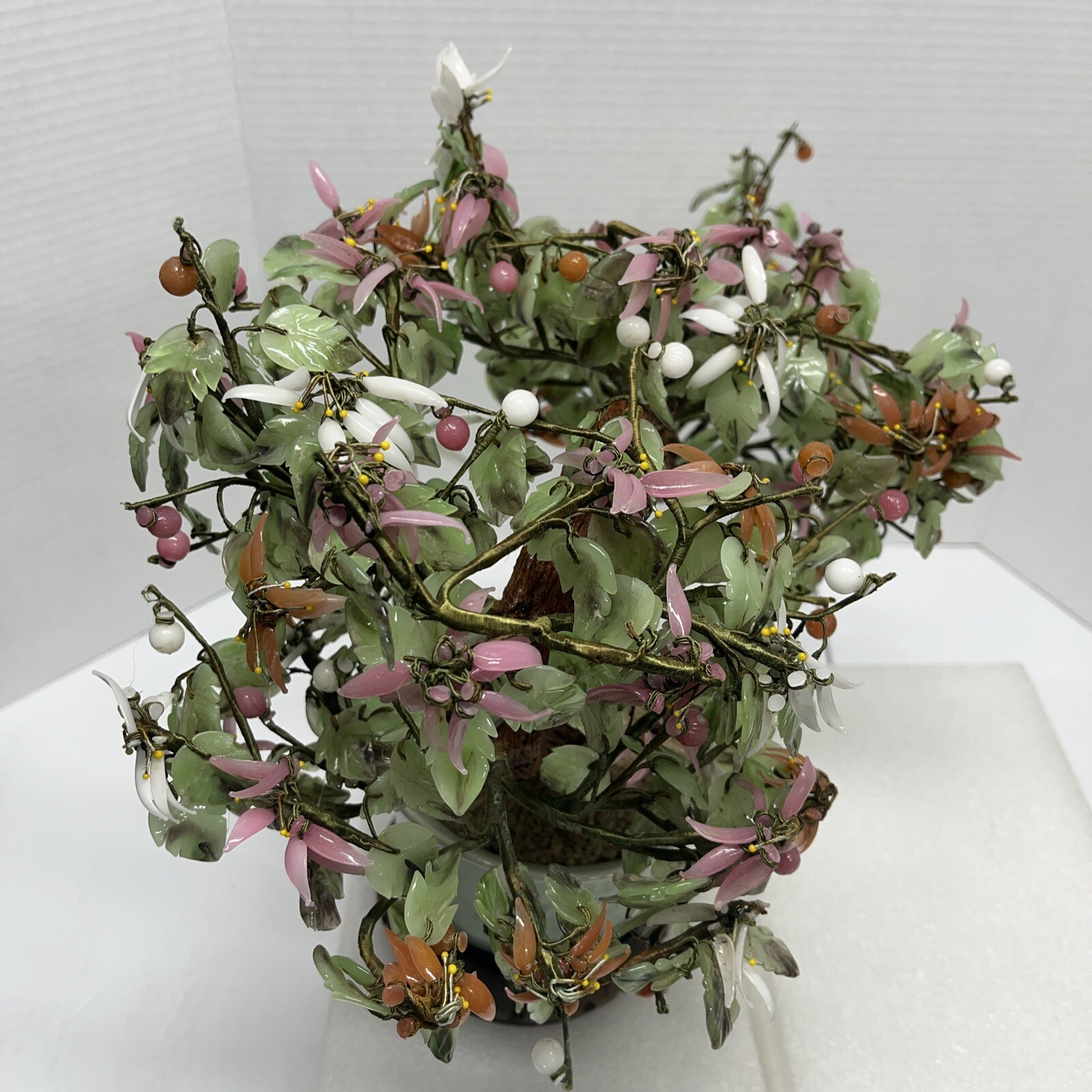 Vtg Japanese/Chinese/Asia Bonsai Jade Tree W/Berries 18″ L 13″ T w/pot & stand