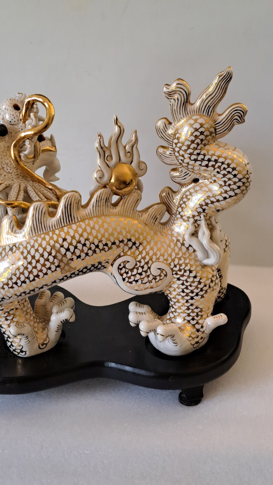 Vintage White/Gold Ceramic Dragon Feng Shui Sculpture 1950s Chinese Zodiac Décor
