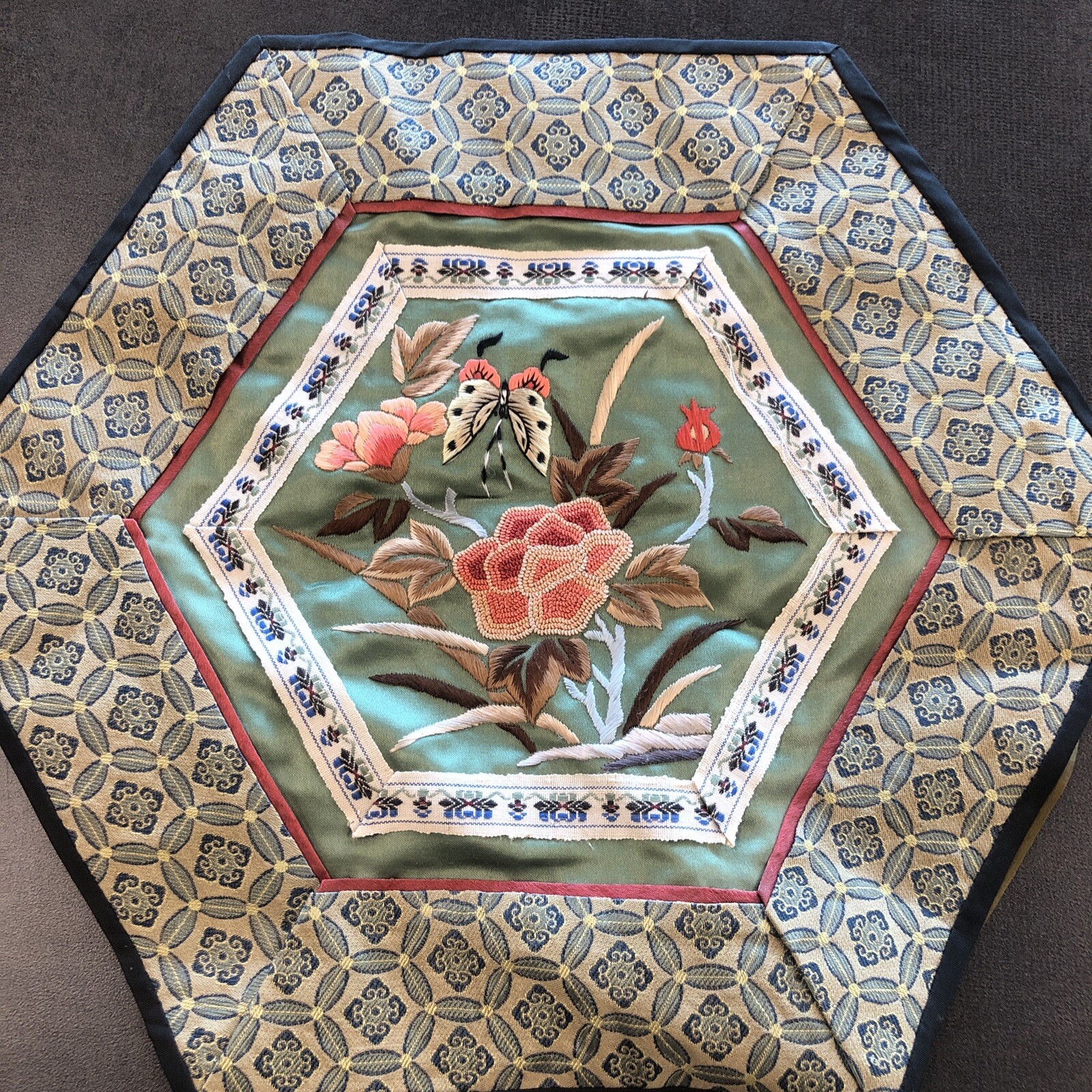 Chinese Silk Hand Embroidered Panel Hexagon 10″ X 11″ Butterfly & Flowers