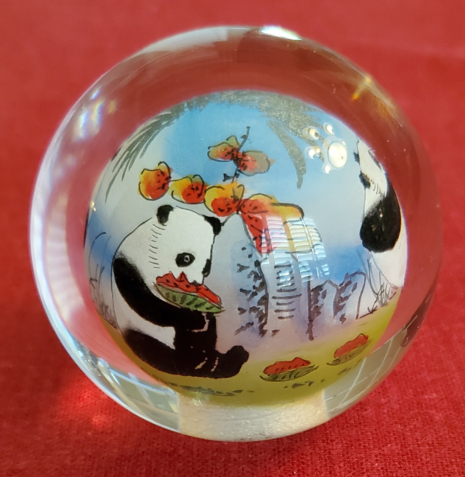 Chinese Glass Ball Sphere Paperweight Reverse Hand Painted Pandas Eat Watermelon