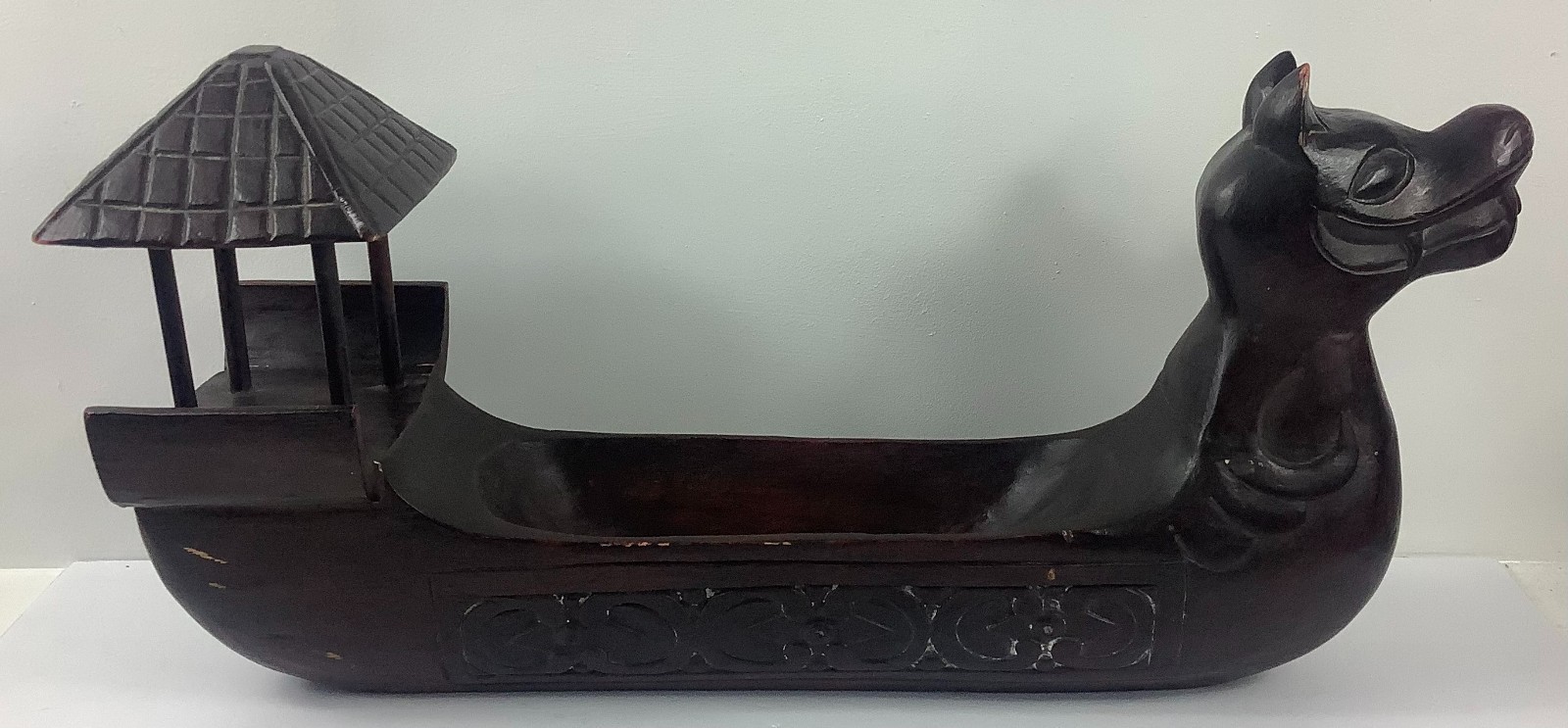 Vtg Wooden Asian Dragon Boat Decorative Centerpiece Display Tray Bowl 24″x6.75″x