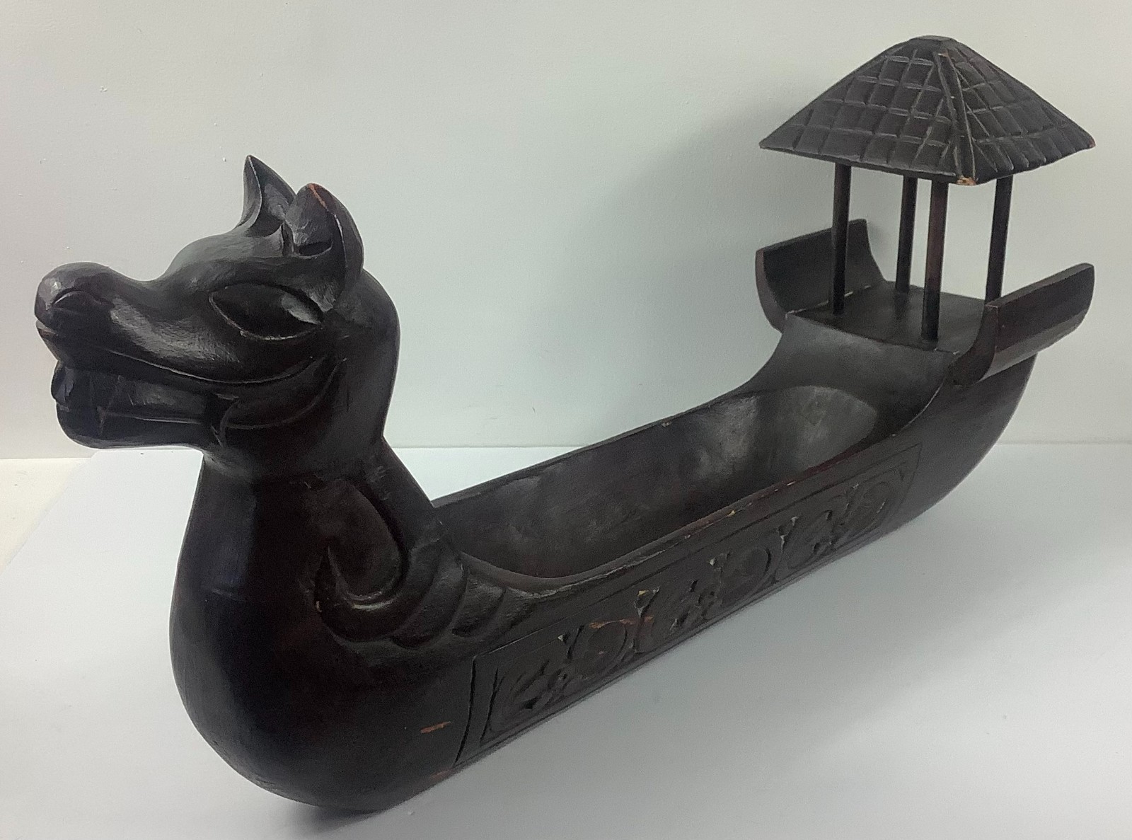 Vtg Wooden Asian Dragon Boat Decorative Centerpiece Display Tray Bowl 24″x6.75″x