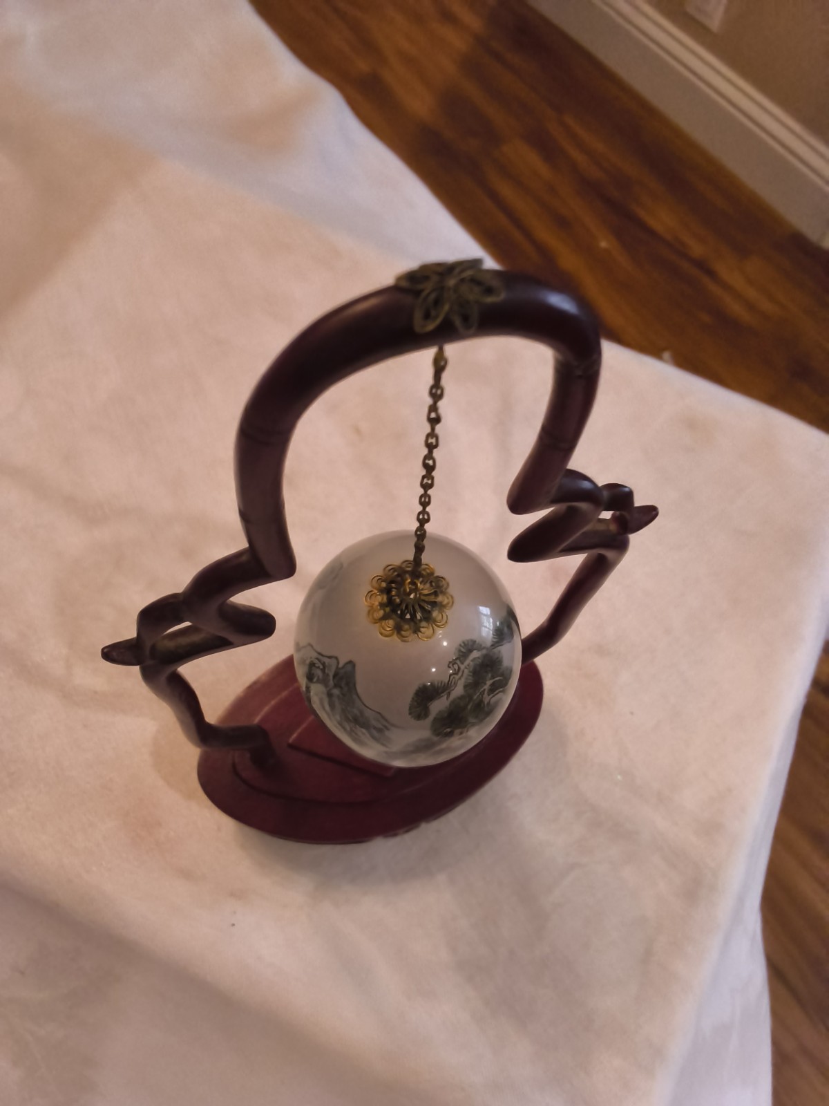 VTG Chinese Reverse Hand Painted Glass Egg Wooden Stand Sophisticated Elegant A1