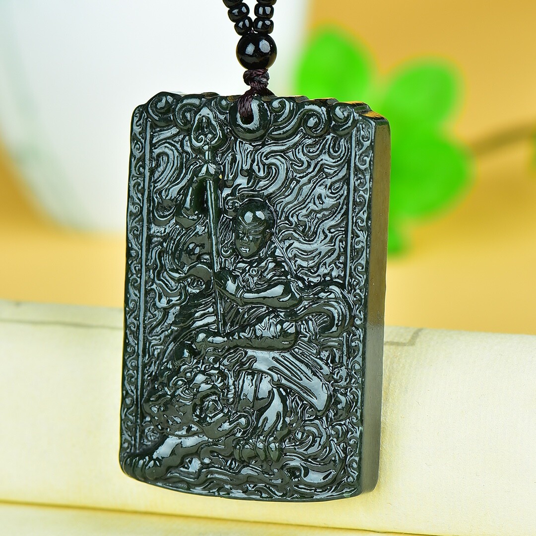 Chinese Hetian Gray Jade Hand Carving Buddhism Ksitigarbha Boddhisattva Pendant