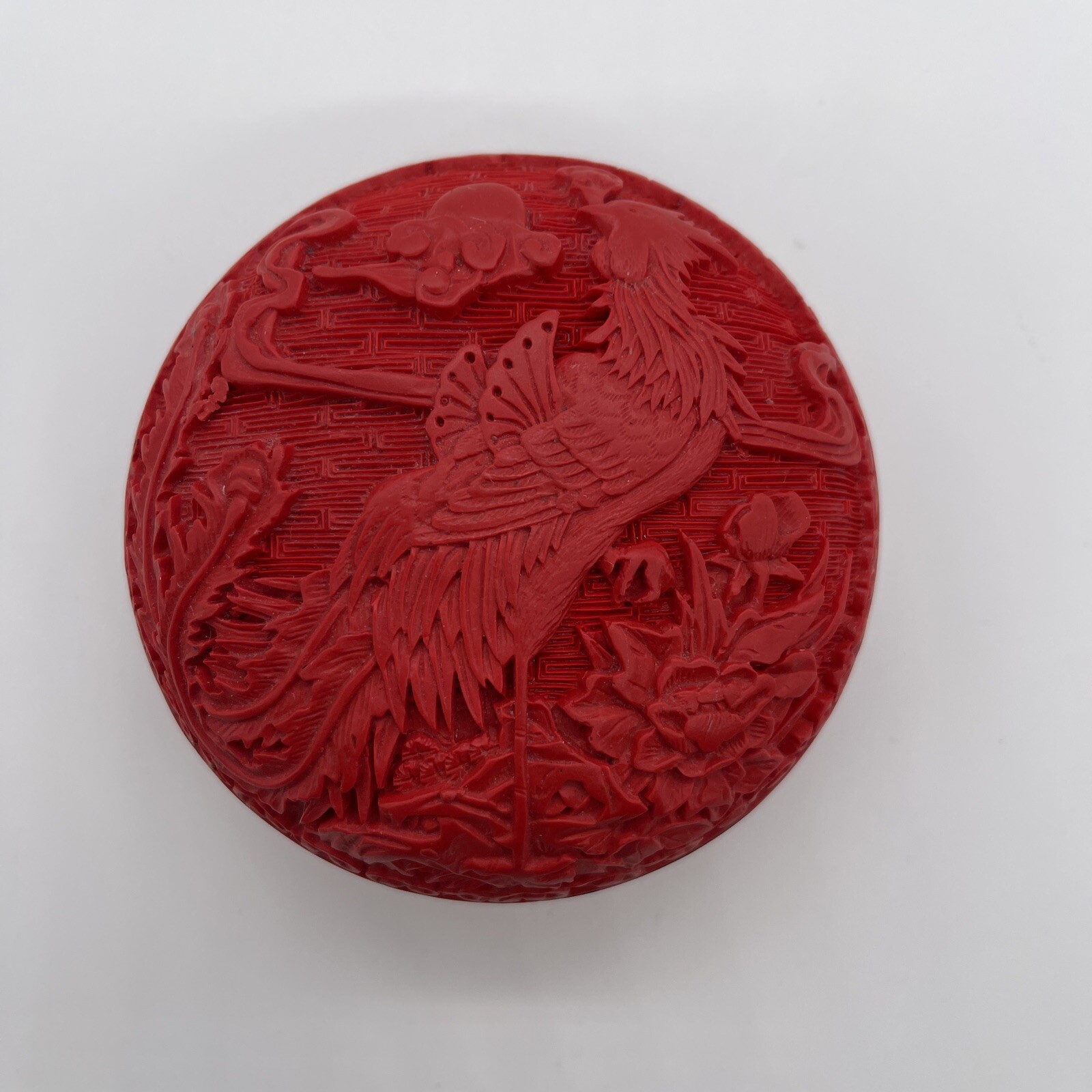 Trinket Box Cinnabar Phoenix Design on Lid & throughout Brilliant￼ Red￼ Vintage
