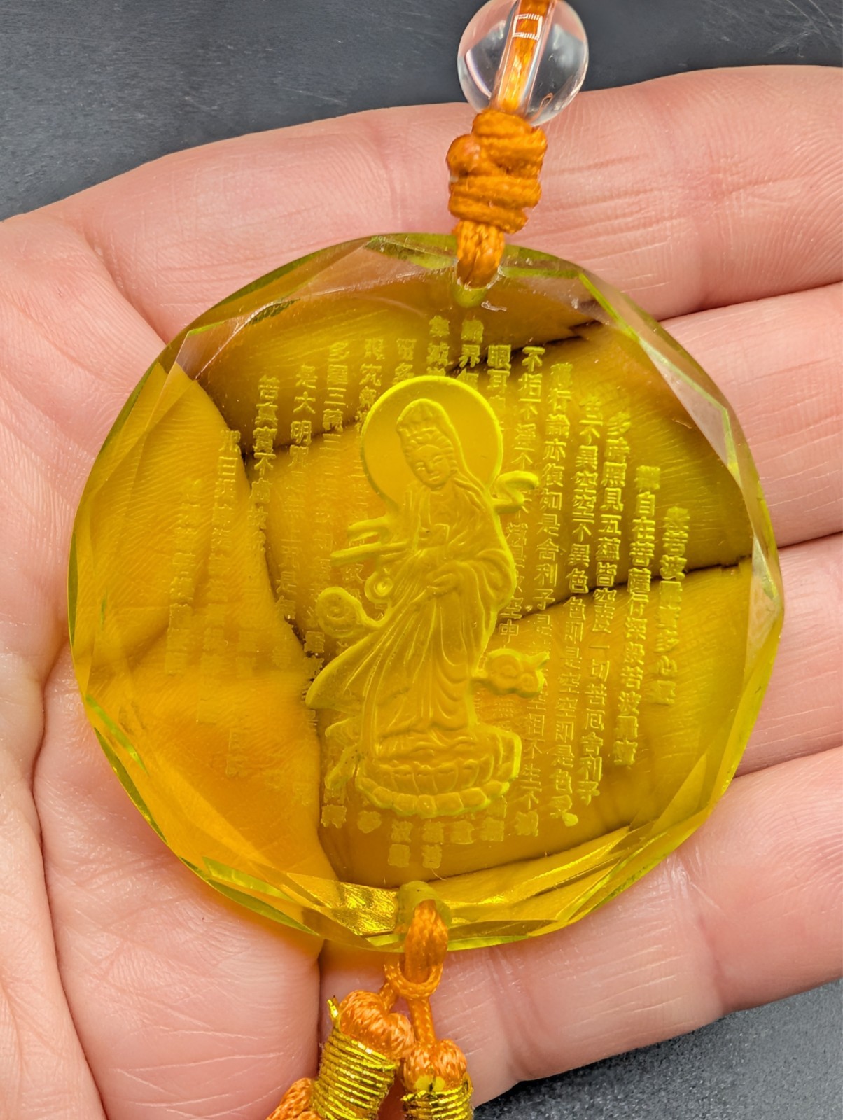 Reversed Carved Chinese Goddess Yellow Glass Tassel Hanging