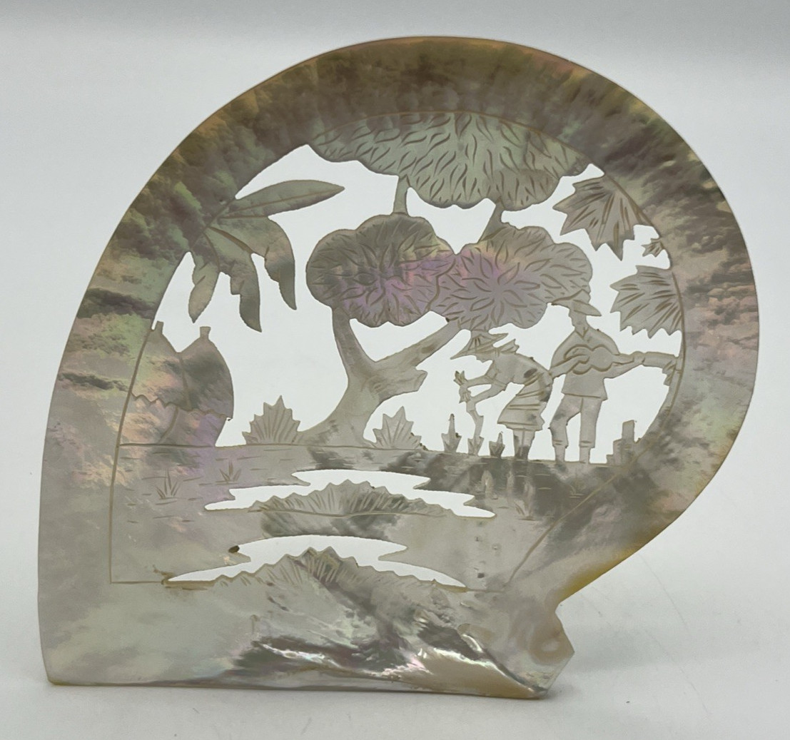 Carved Mother of Pearl Shell Asian Scene with Stand 6″ Tall