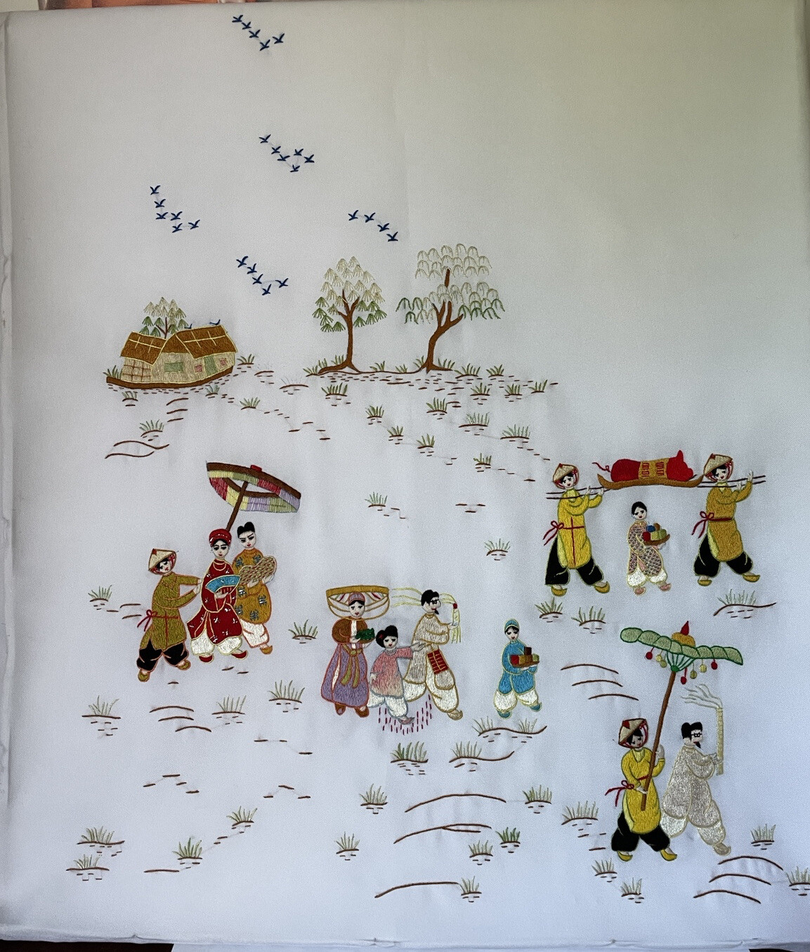 Asian Silk Hand Embroidered Cloth Village People Unframed Finished Needlepointed
