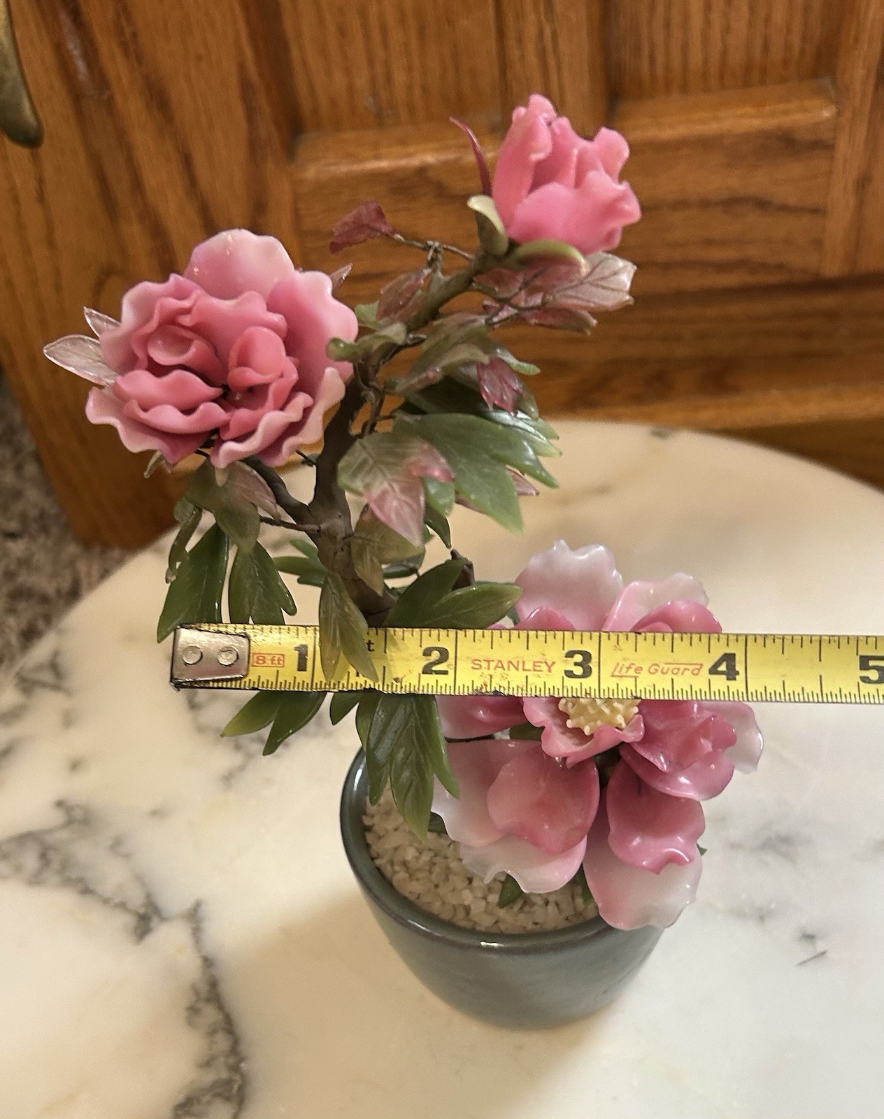 Vintage Chinese Jade Glass Leaves Pink Peony Flowers Bonsai Tree Green Celadon