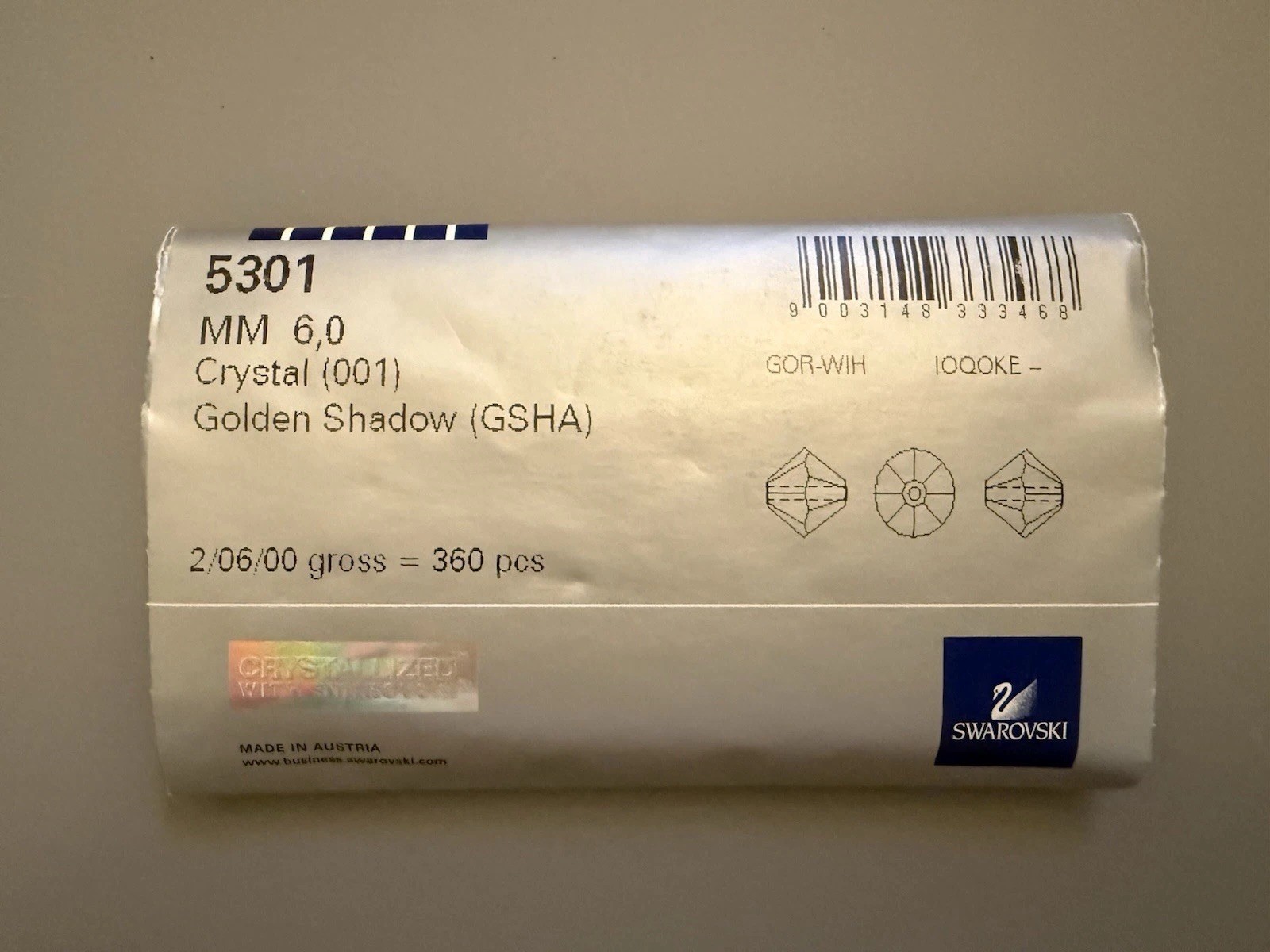 Swarovski Crystal Golden Shadow 6mm 5301 Bicones Sealed Factory Pack 360 Pcs