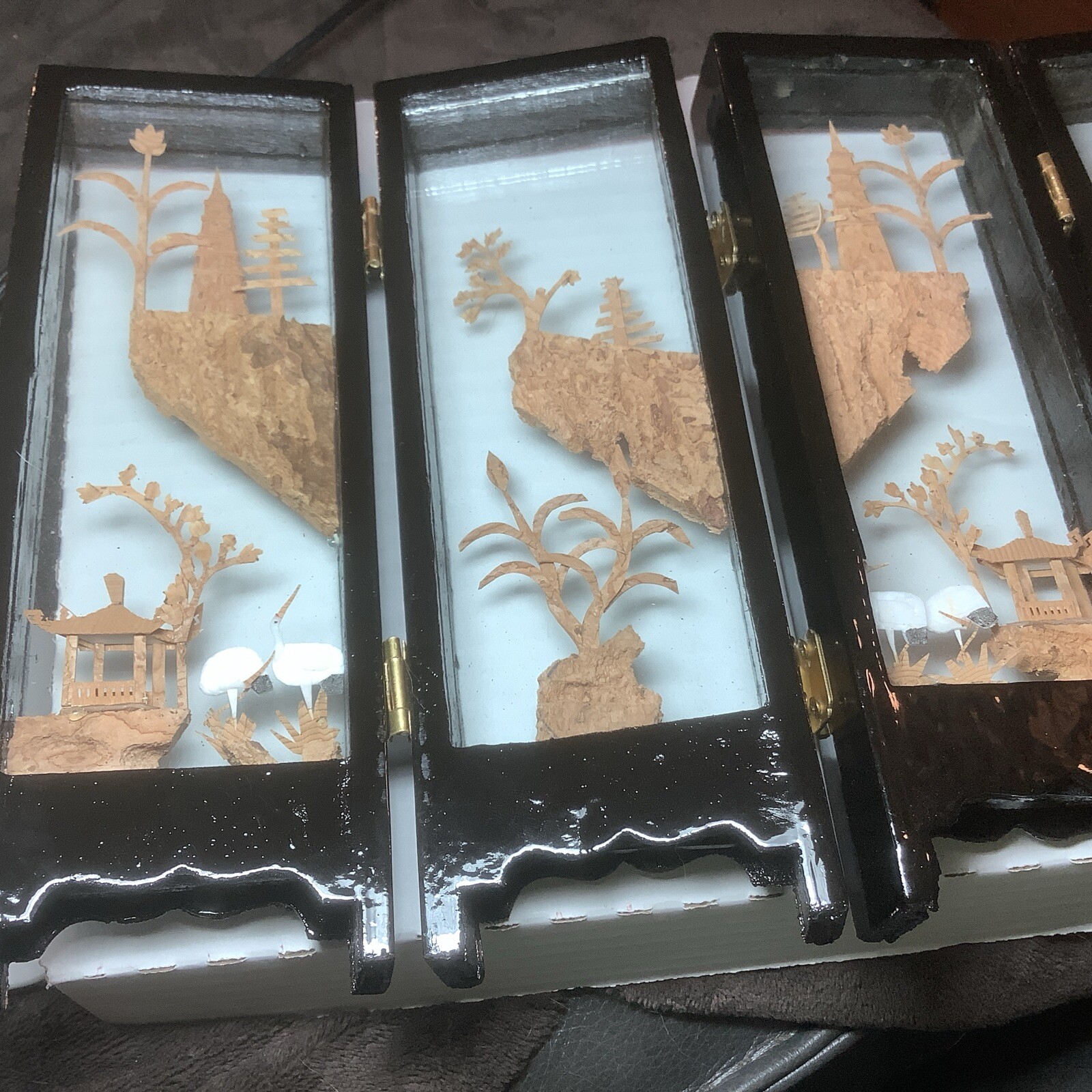 Chinese Asian Carved Cork Art Diorama Folding Glass Table Decor Black Frame VTG