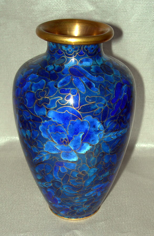Beautiful Vintage Cloisonne Asian Vase Cobalt Blue Flowers 6.5″ Elegant!