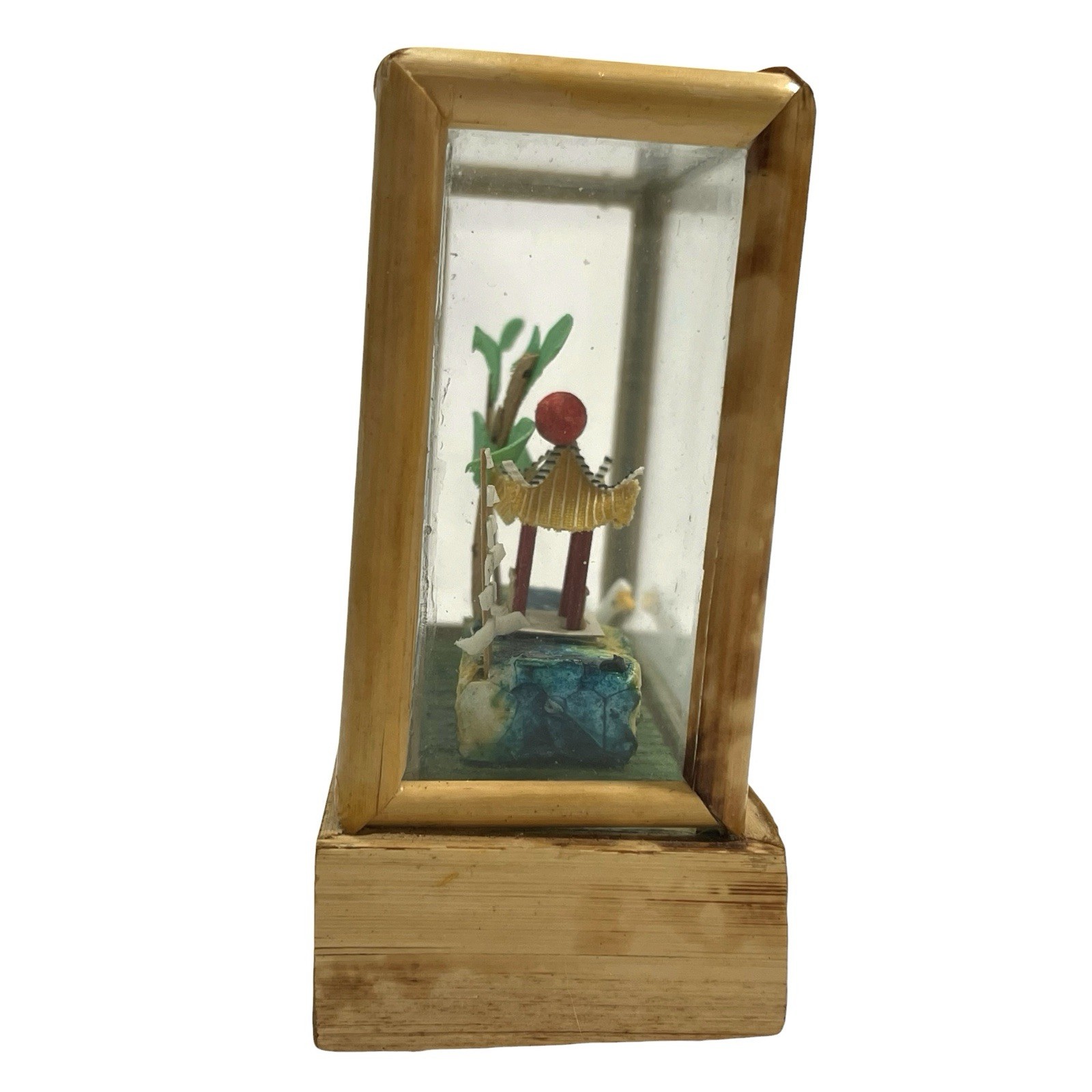 Vintage 1950s Miniature Pagoda Diorama in Bamboo Glass Case – Asian Artwork