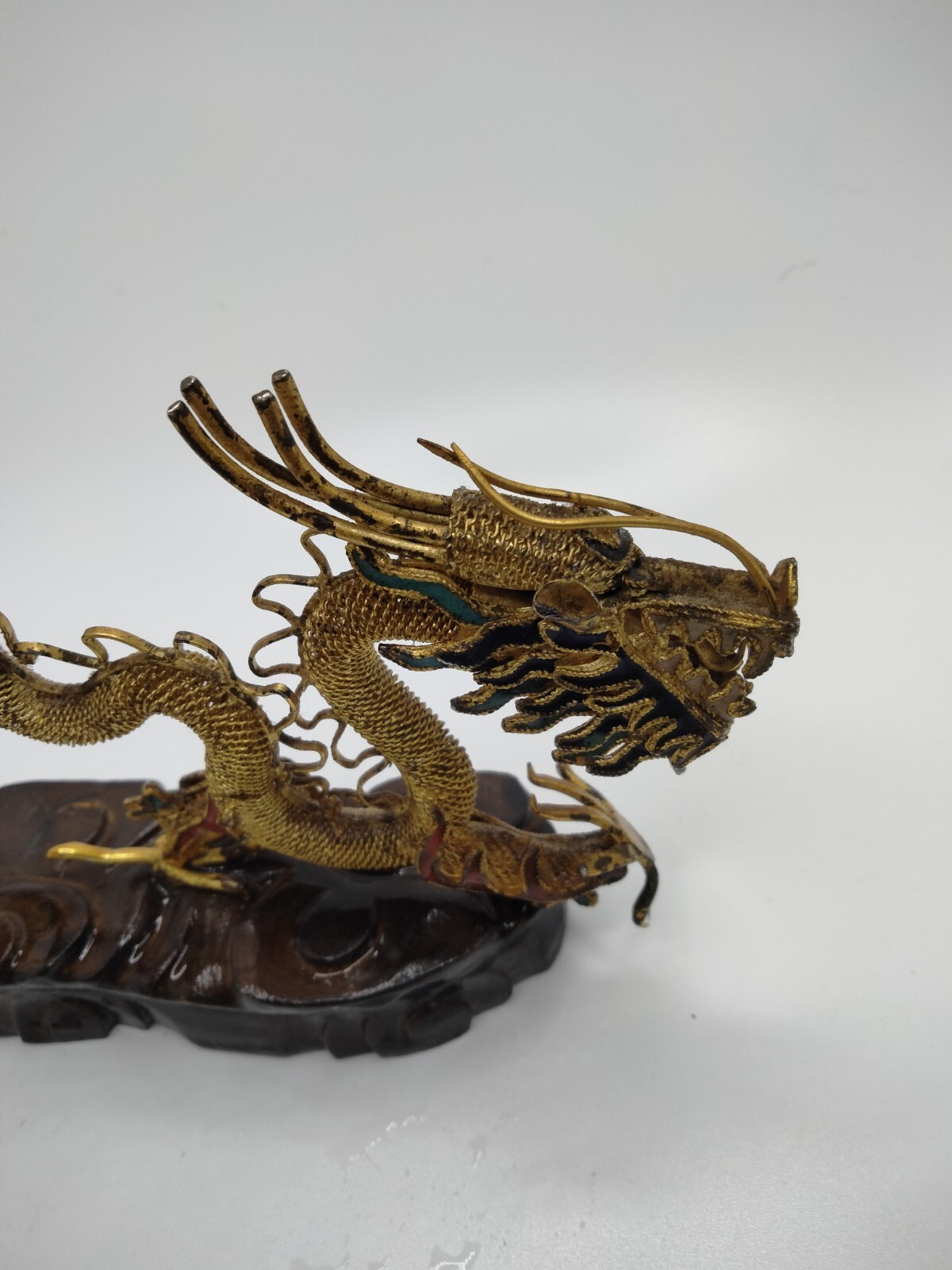 Chinese Brass Figurine Dragon on Wooden Stand 4.5″ x 4.5″ Green, Red, and Gold