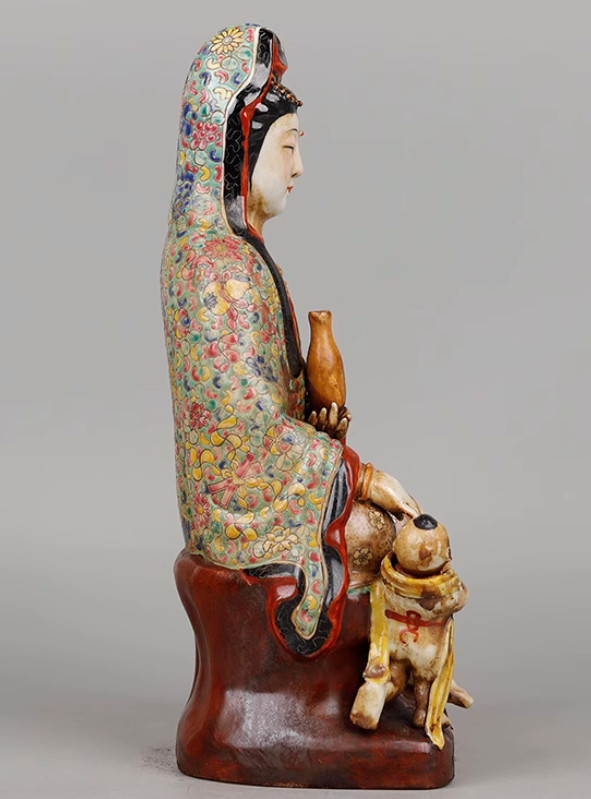 11.6″ Old Chinese Famille-rose Porcelain Children-Sending Guanyin Goddess Statue