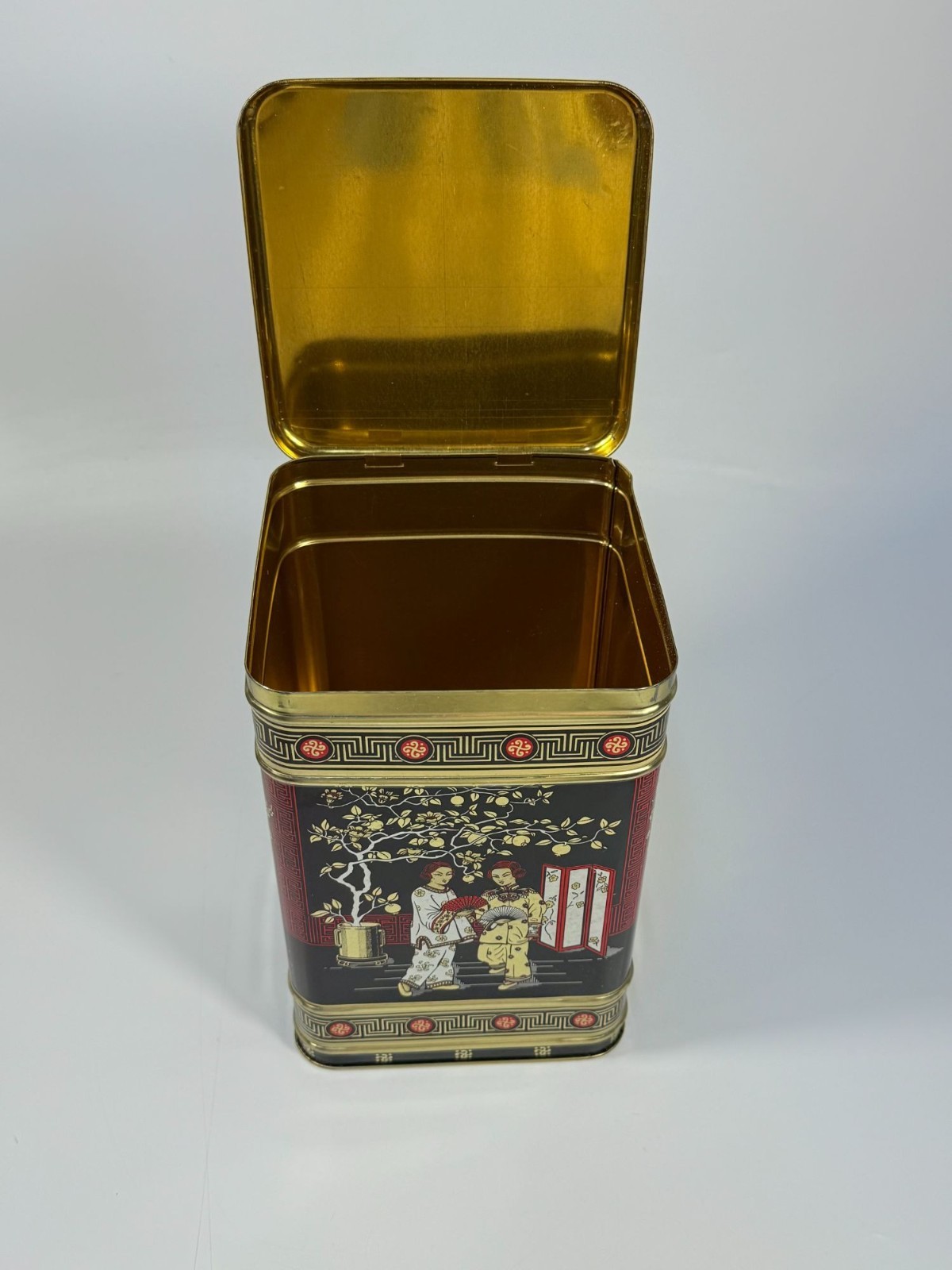 English Tea Tin Caddy Vintage 1970s Chinese Hinged Lid Black Red Gold Cranes Asi