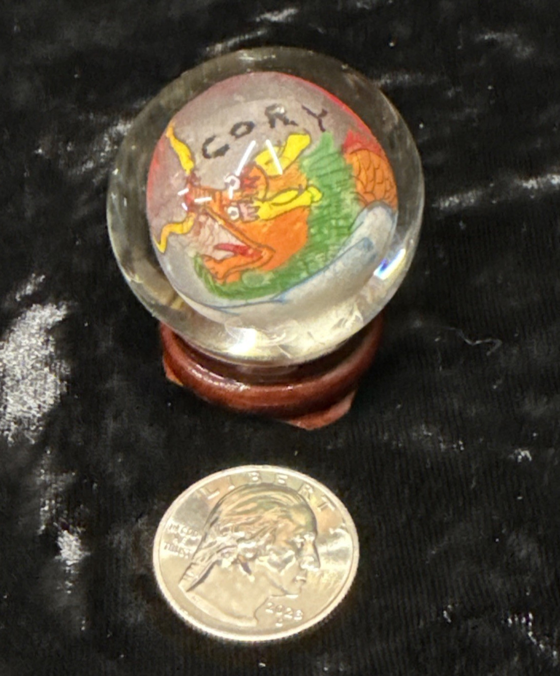 Chinese reverse painted Glass Ball Sphere Orb Dragon w/Stand 1 3/4″ x 1 1/2″