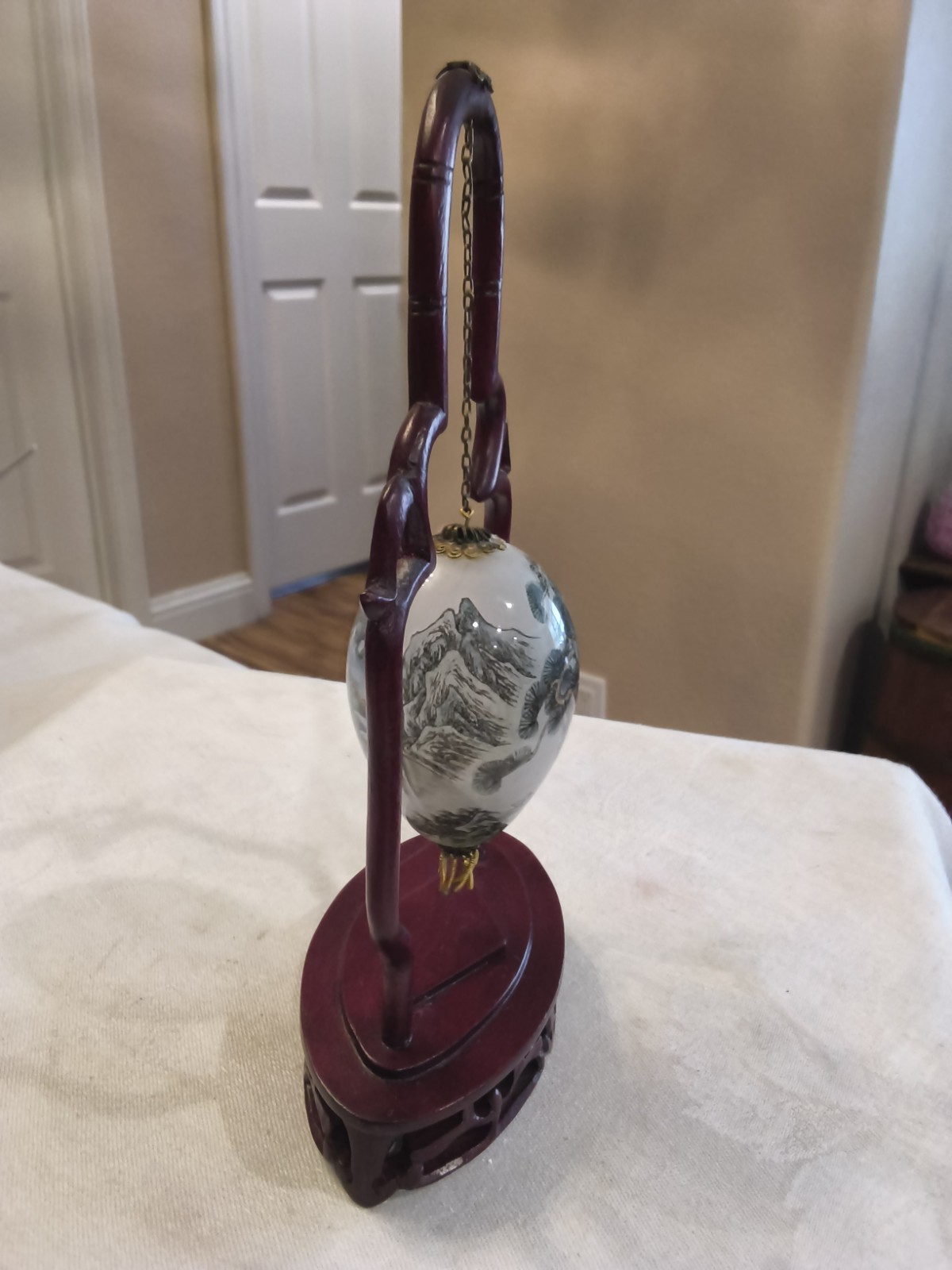 VTG Chinese Reverse Hand Painted Glass Egg Wooden Stand Sophisticated Elegant A1
