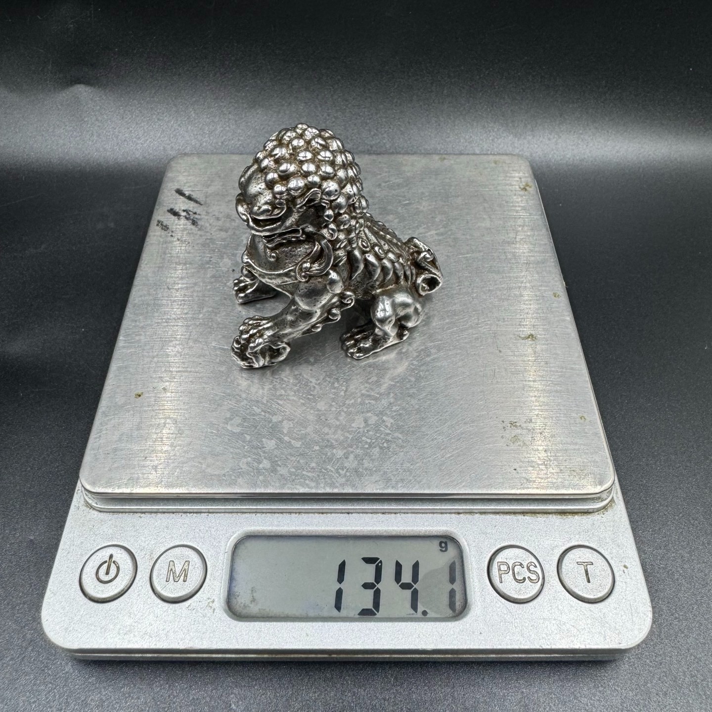 Pair Silver Tone Metal Chinese Foo Dog Lion Mini Statues Feng Shui Protection