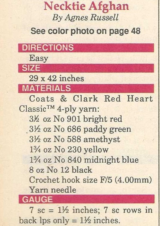 Crochet; Colorful “Necktie” Afghan(#P155) vintage crochet pattern