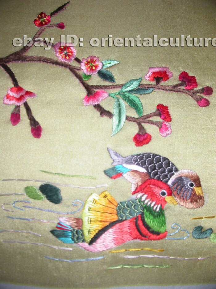 Chinese 100%hand embroidered silk suzhou embroidery art:mandarin ducks 8″