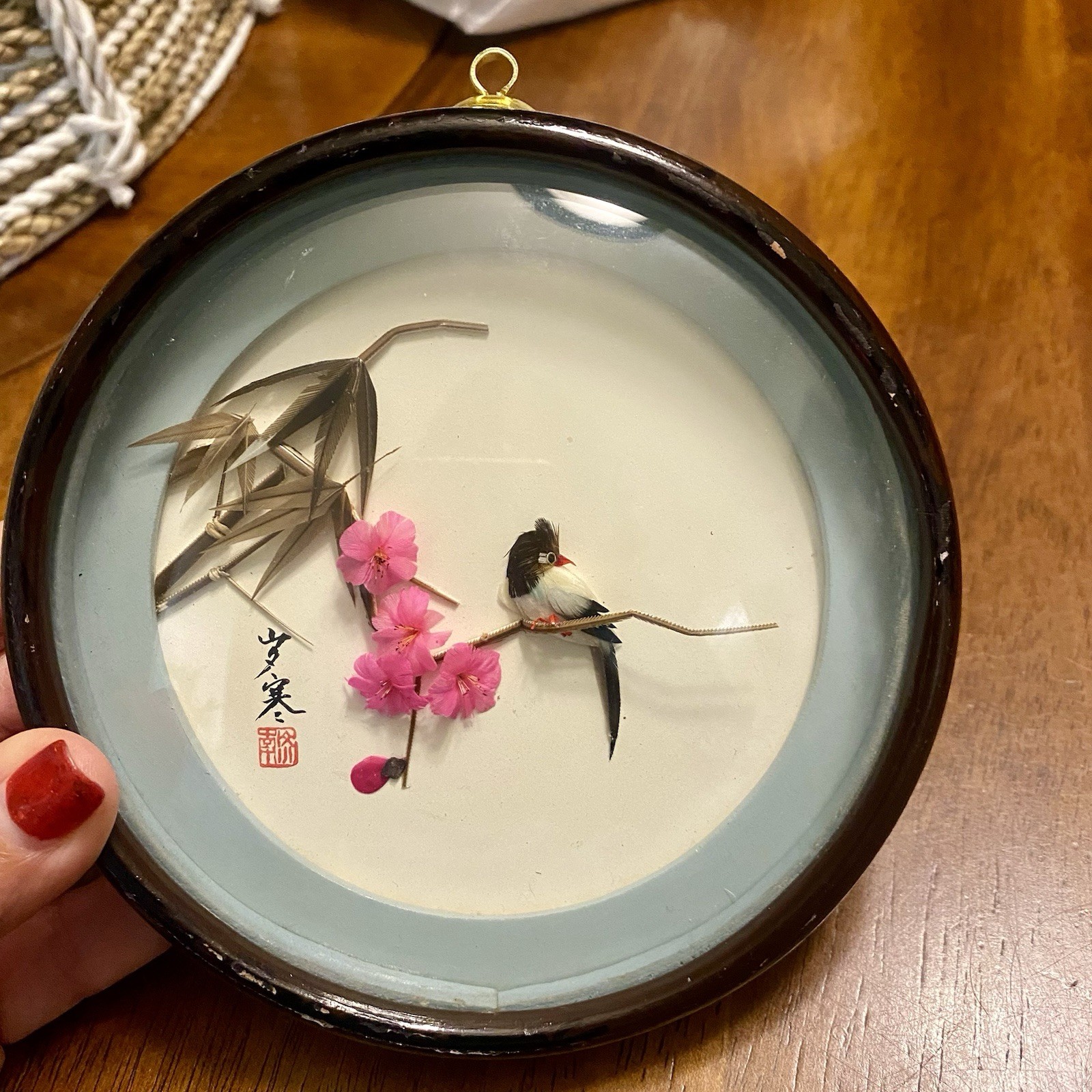Vintage Framed Chinese 3D feather art diorama