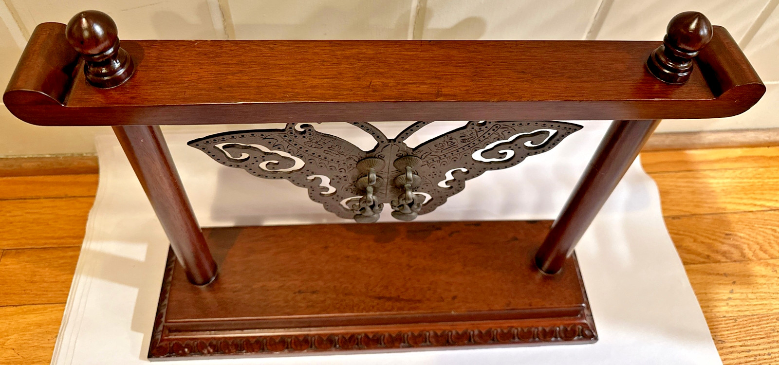 Vintage 2002 Bombay Company Wood & Brass Butterfly Gong Asian Decor -heavy