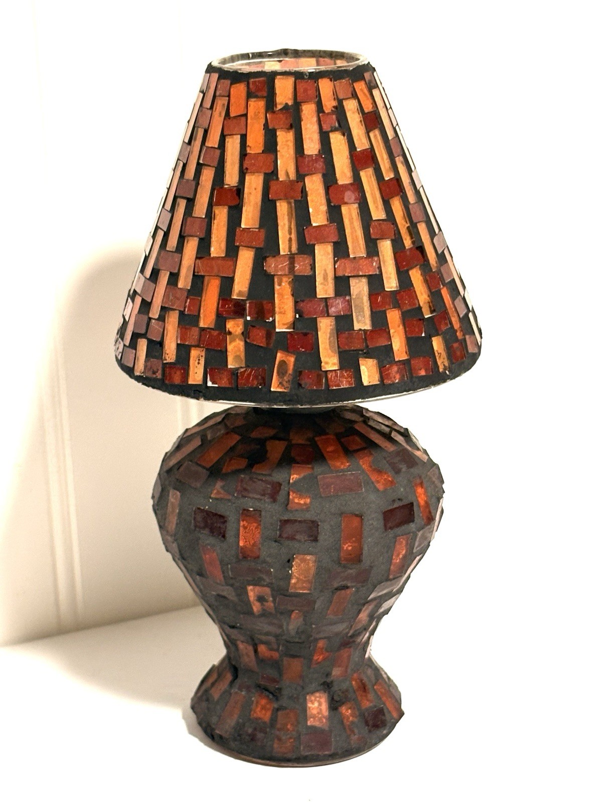 Handcrafted Stained Glass Mosaic Lamp Tea Light Candle Holder Amber Glass 8.5”