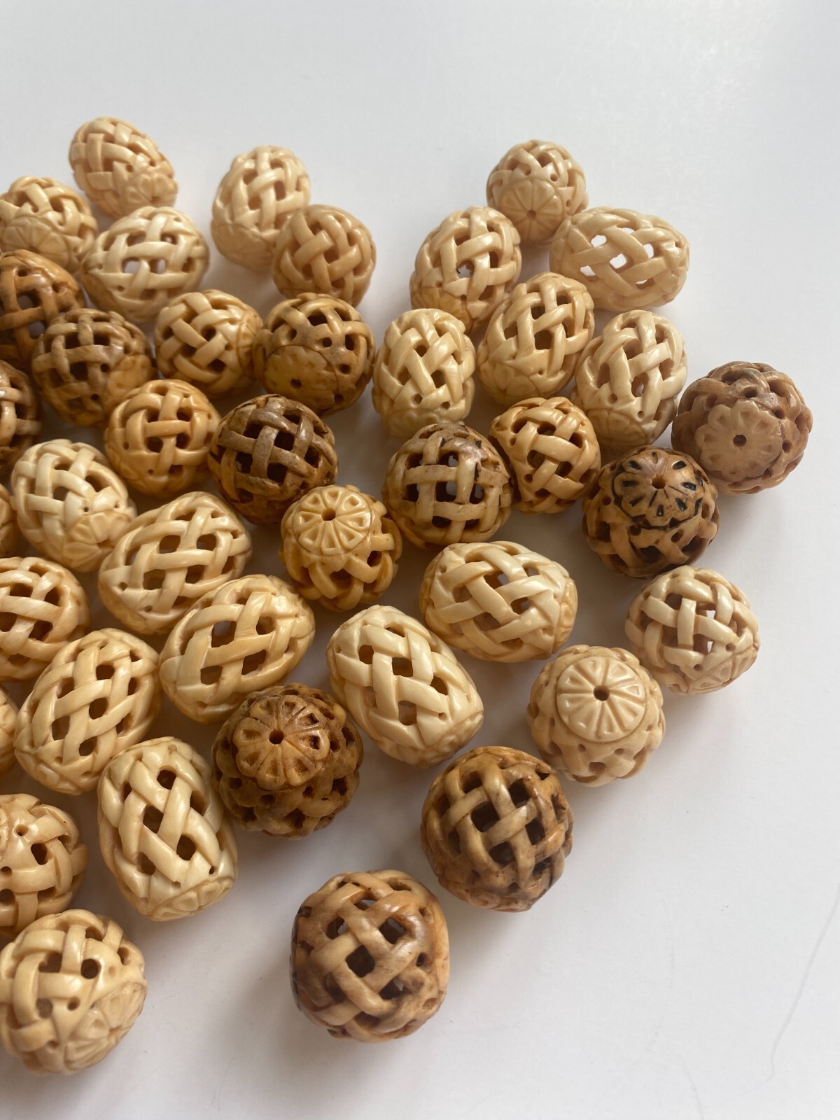 Vintage Hand-Carved Asian Lattice Beads Bovine Bone Lot of 54