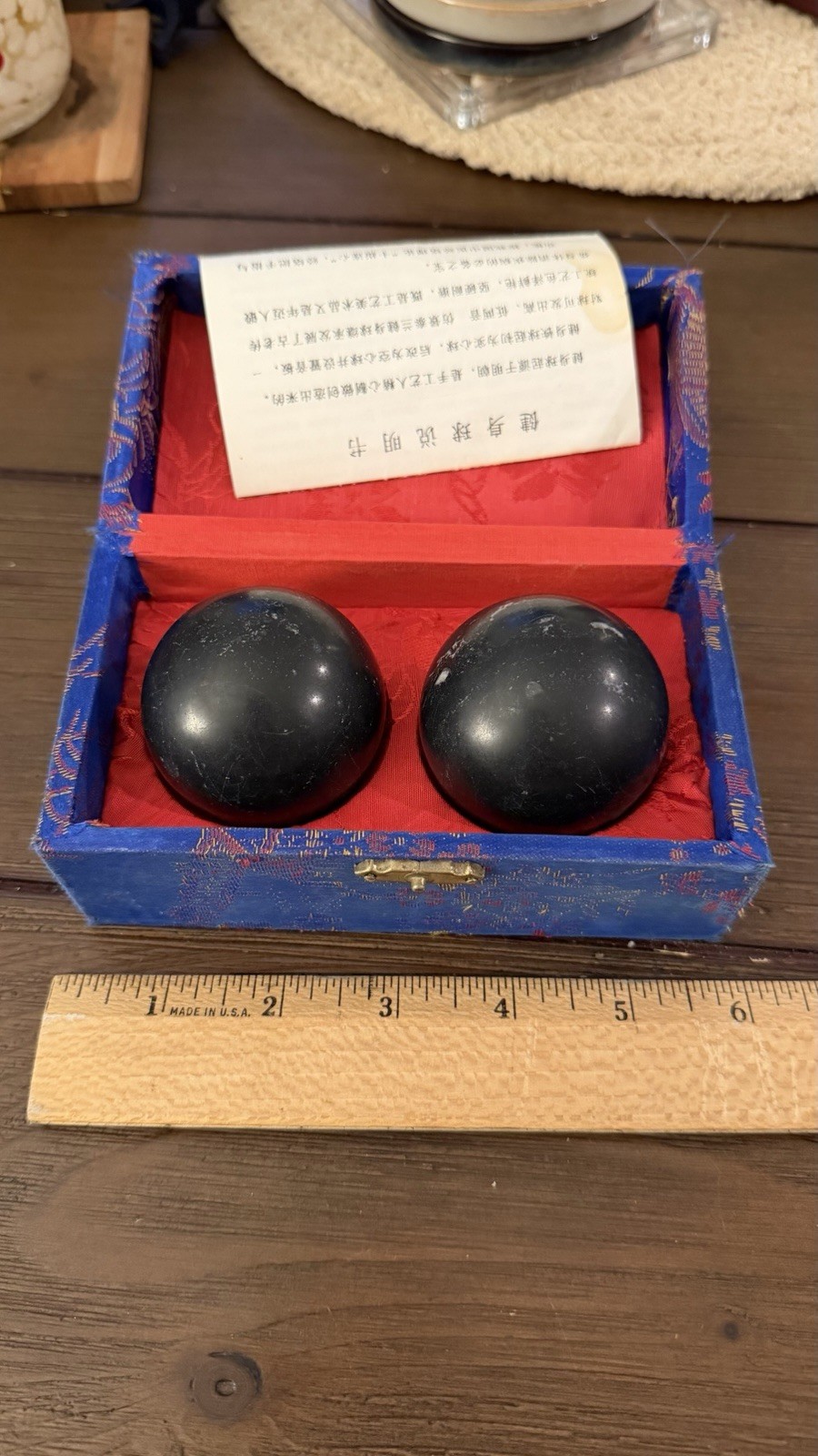 Chinese Baoding Balls Set, Black Stone Spheres w/ Blue Brocade Box & Insert