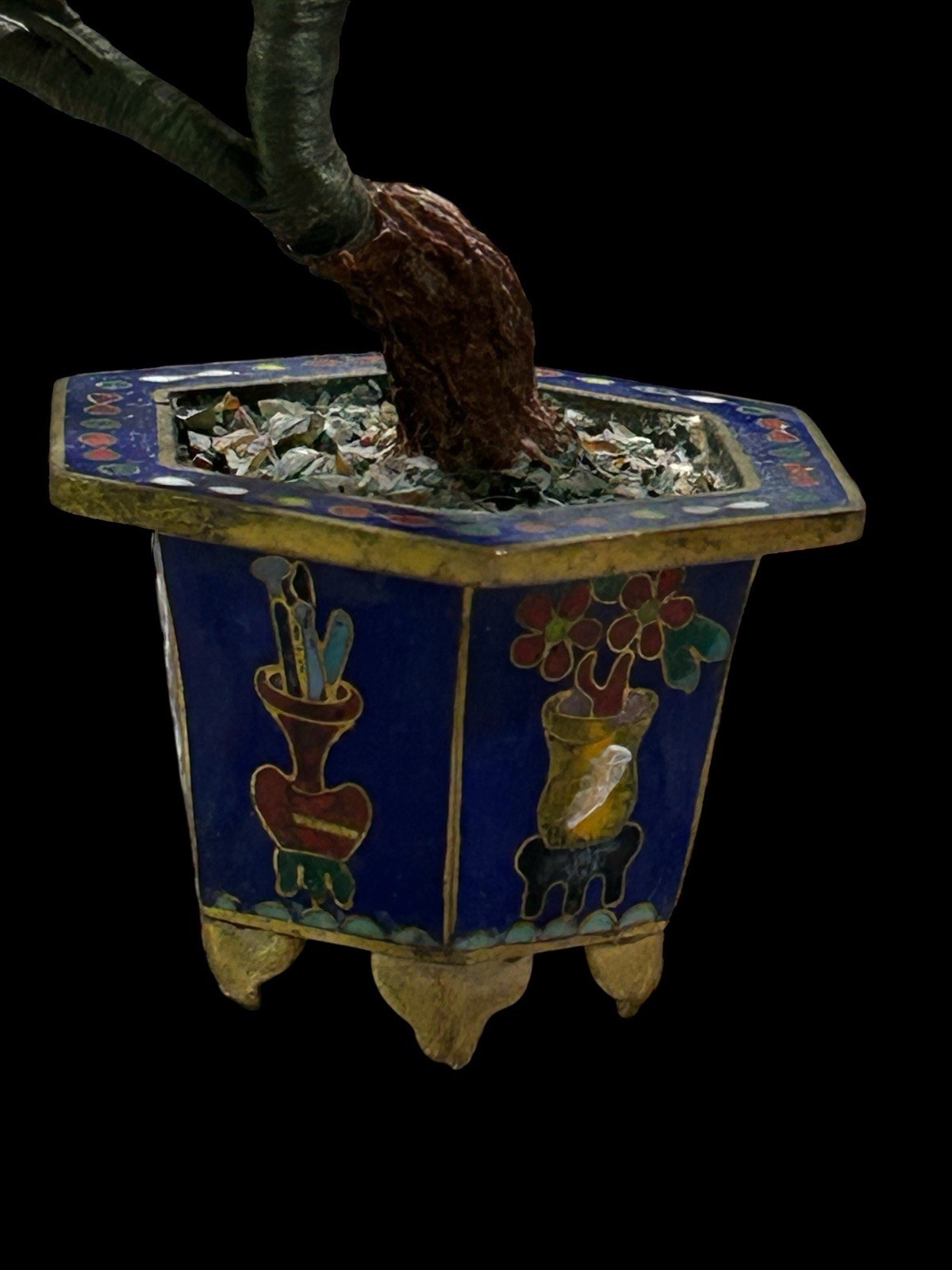 Chinese Gemstone Tree Quartz Bonsai Cloisonné Pot 7.5 Vintage Jedire Quartz Pot