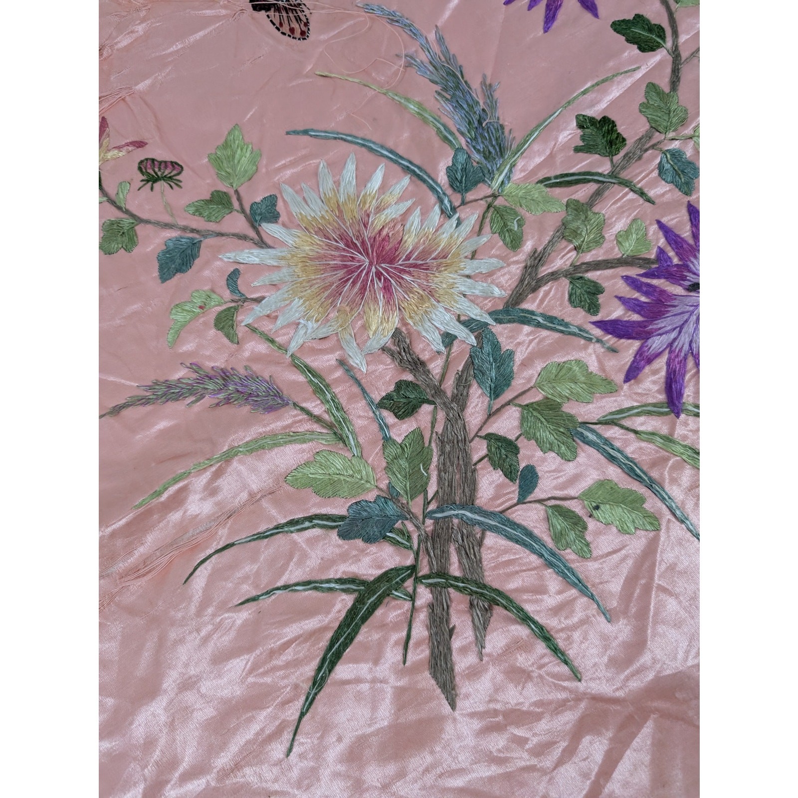 Vintage Chinese Hand Embroidered Floral & Butterfly Silk Textile 23x18in