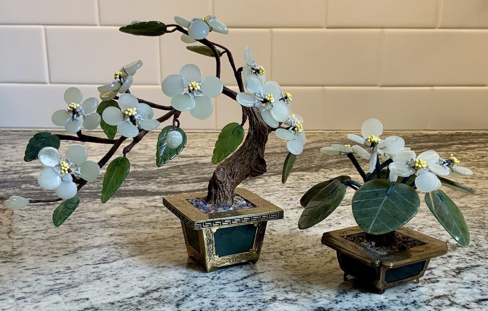 TWO Small Vintage Carved Jade Bonsai Trees Hong Kong