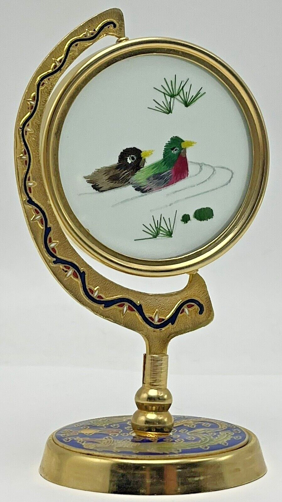 Asian Embroidered Silk Ducks in Brass Cloisonne Rotating Frame Painted Enamel
