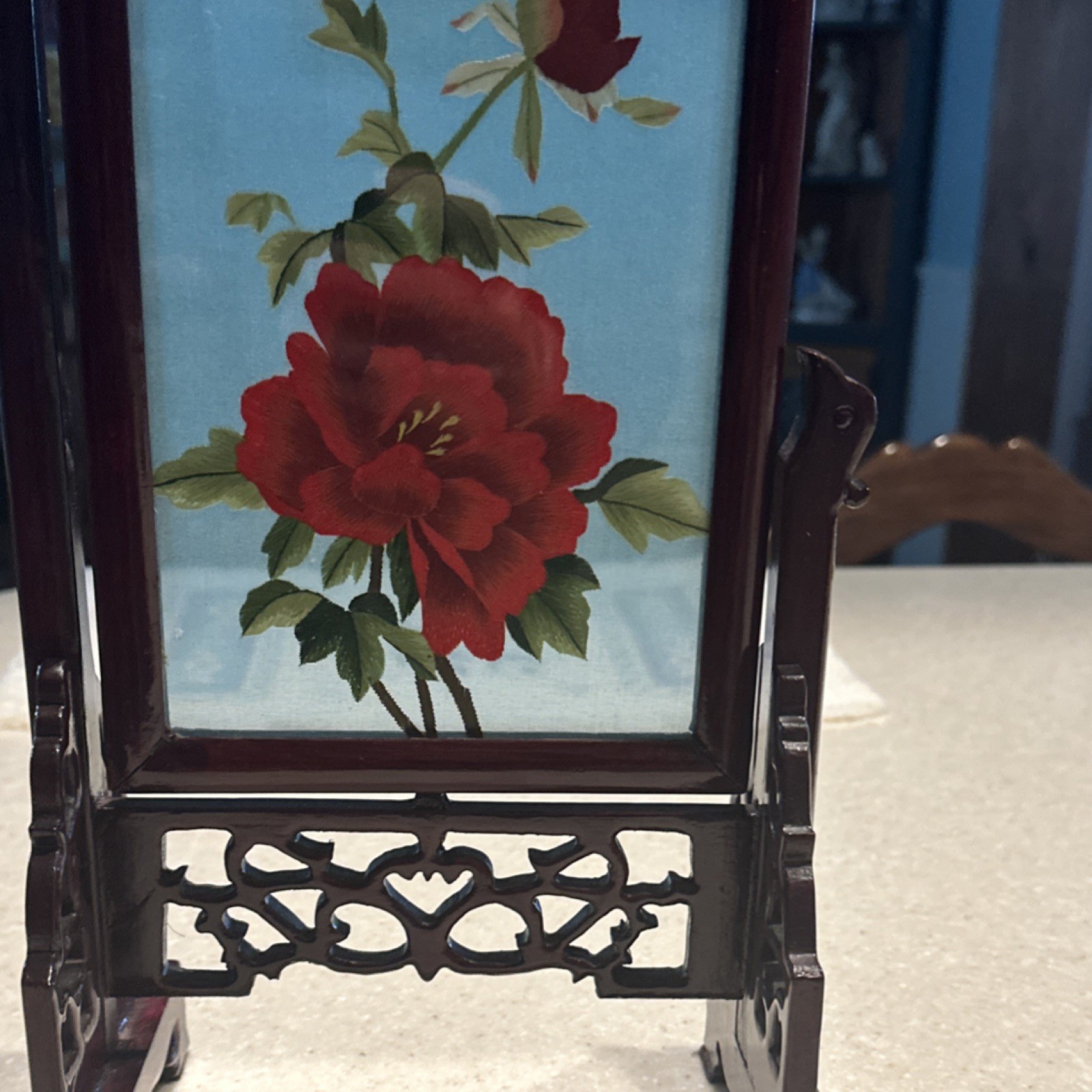 Antique Chinese Handmade Embroidered Silk Table Screen with Floral Design