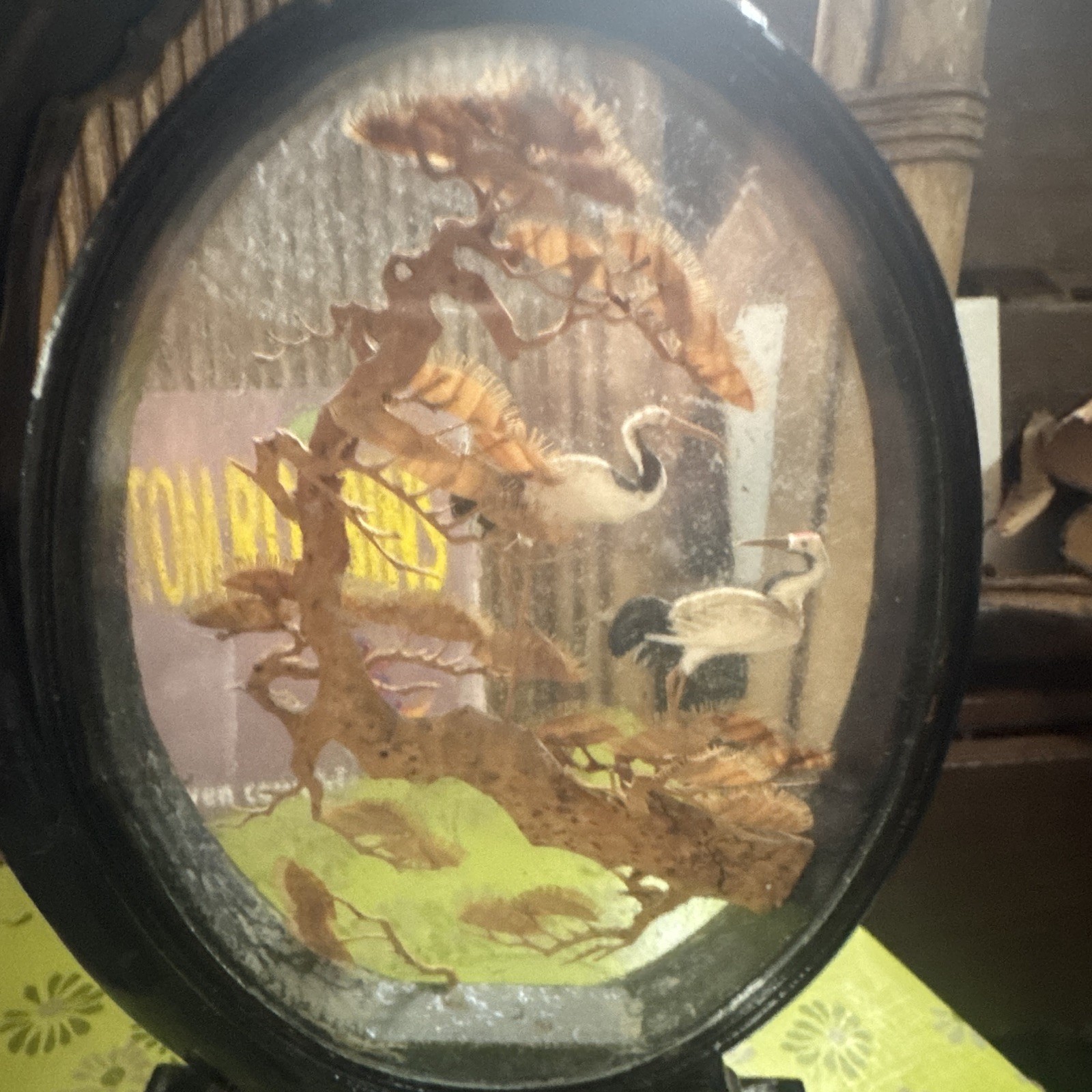 Chinese Glass Table Screen with Carved Cranes Tree Motif Black Stand