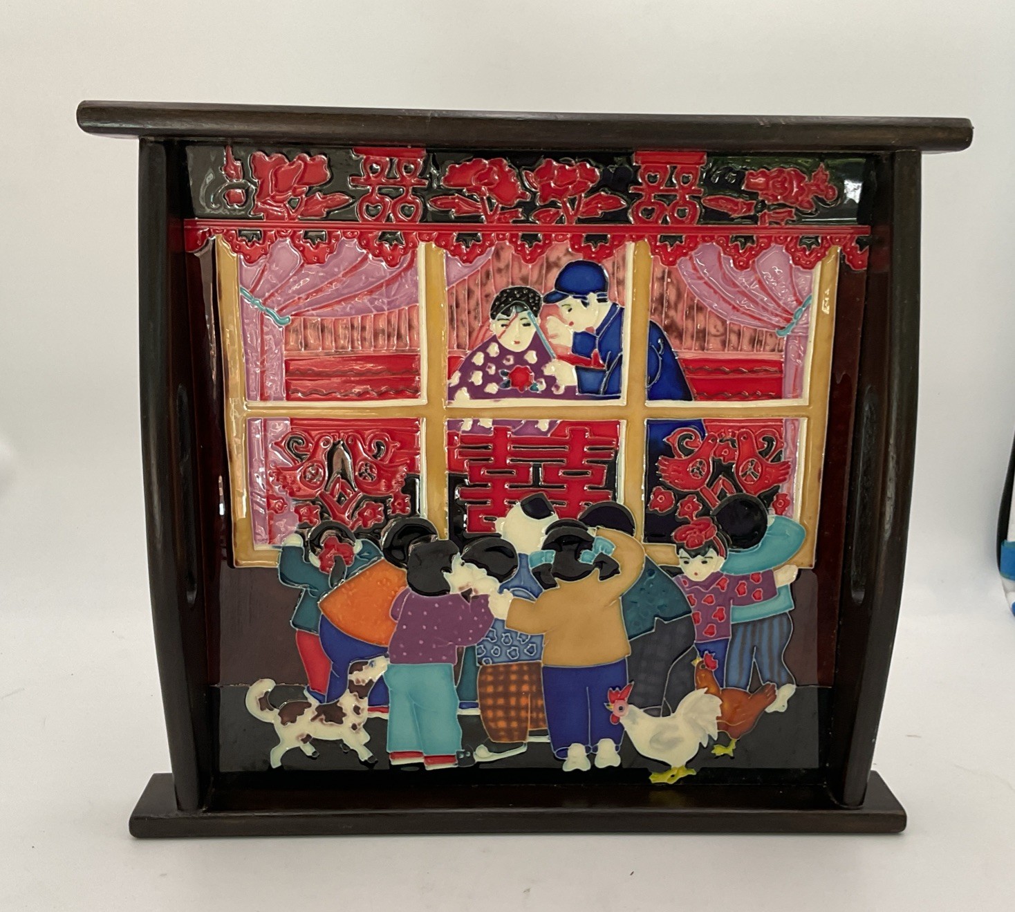Decorative Serving Tray W/Ceramic Inlay Depicting Chinese Celebration