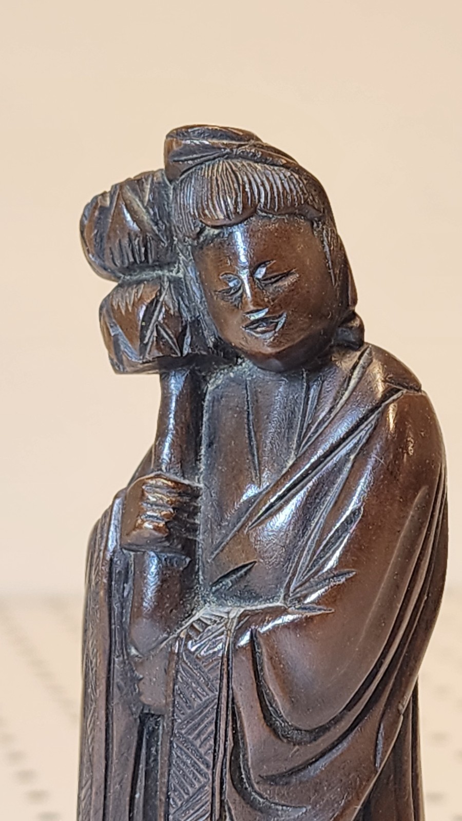 Pair Vintage Chinese Wood Carvings He Xiangu & Zhang Guo Lao Immortals 6″