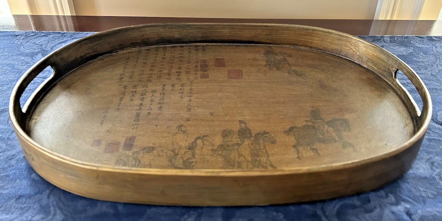 Vintage Chinese Wooden Oval Tray w/ Hand Painted Equestrian Scene, Calligraphy