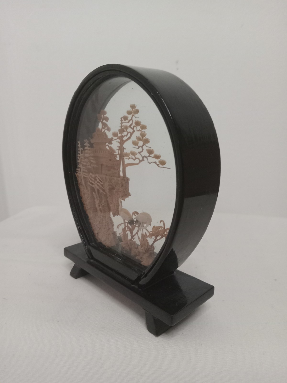Vintage Hand Carved Cork Asian Diorama Black Lacquer Display 3.25″ Cranes 1960s